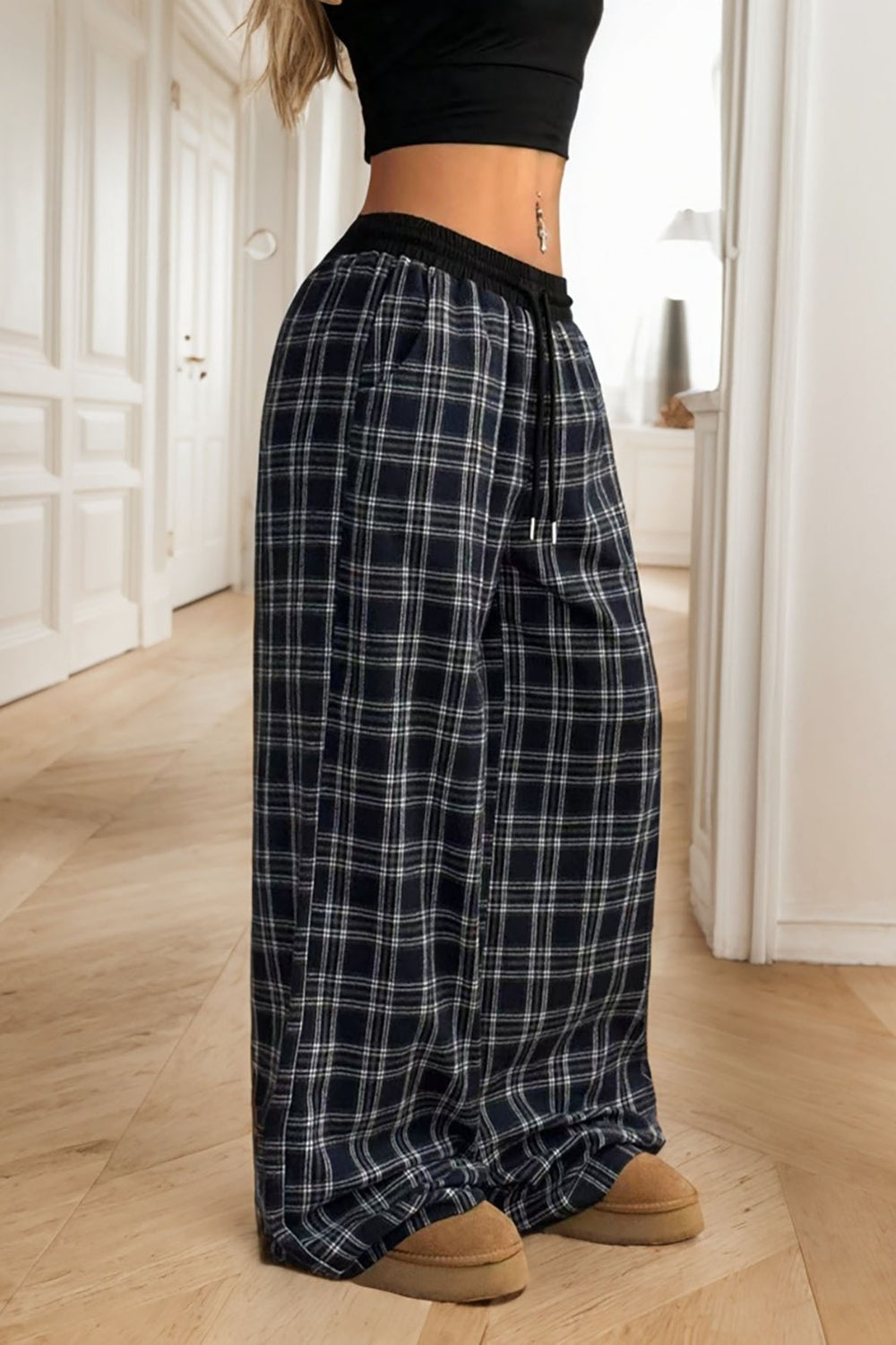 Plaid Wide Leg Pants-BOTTOMS-[Adult]-[Female]-2022 Online Blue Zone Planet