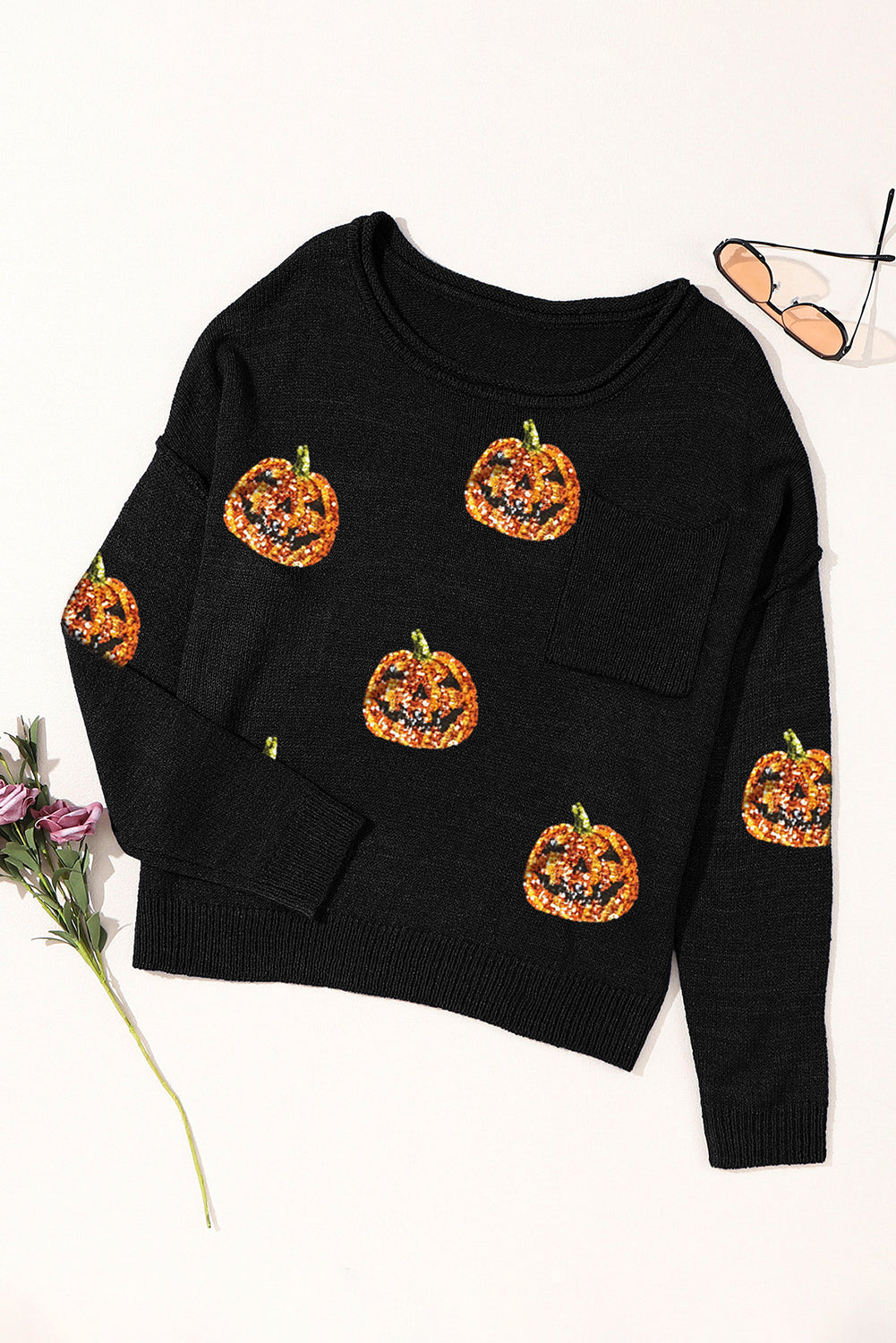 Pumpkin Round Neck Long Sleeve Knit Top-TOPS / DRESSES-[Adult]-[Female]-2022 Online Blue Zone Planet