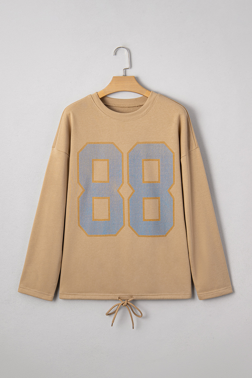 Khaki 88 Number Graphic Drawstring Hemline Oversize Long Sleeve Top-Tops/Long Sleeve Tops-[Adult]-[Female]-2022 Online Blue Zone Planet