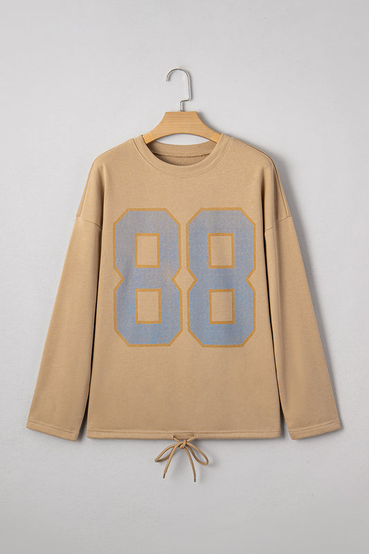 Khaki 88 Number Graphic Drawstring Hemline Oversize Long Sleeve Top-Tops/Long Sleeve Tops-[Adult]-[Female]-2022 Online Blue Zone Planet