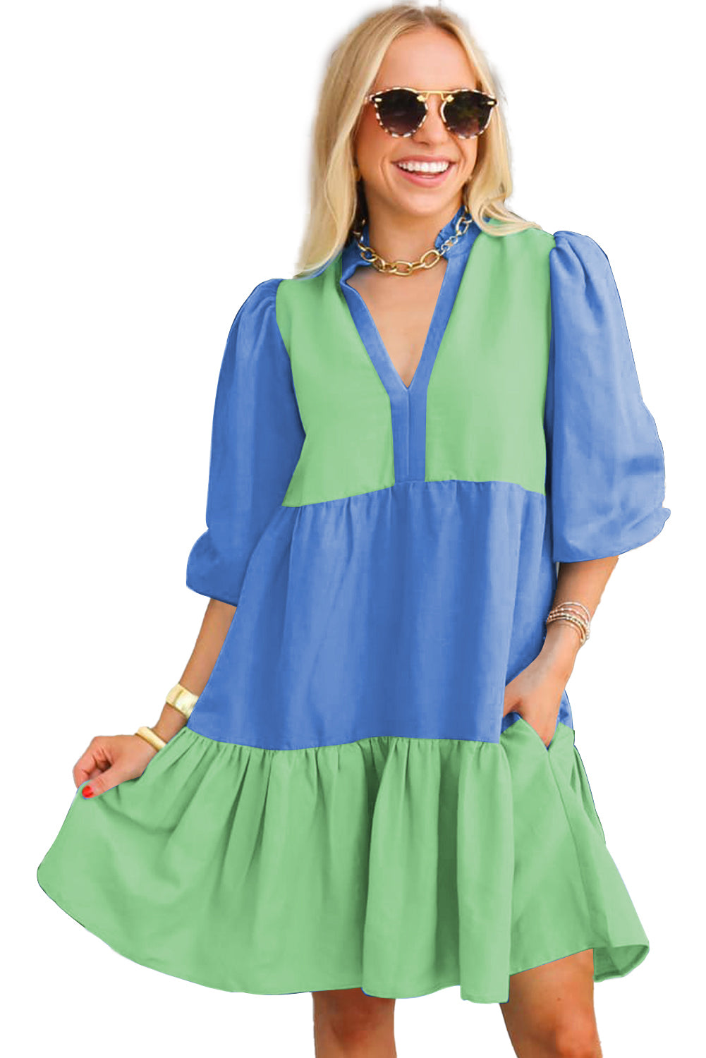 Dark Blue Colorblock Frilled V Neck Puff Half Sleeve Shift Dress-Short Dresses-[Adult]-[Female]-2022 Online Blue Zone Planet