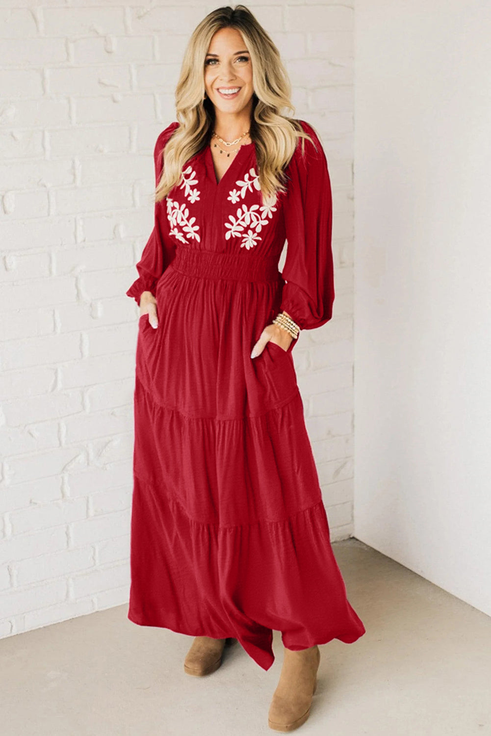 Racing Red Contrast Embroidered Detail Cinched Waist Tiered Long Sleeve Maxi Dress-Dresses/Maxi Dresses-[Adult]-[Female]-2022 Online Blue Zone Planet