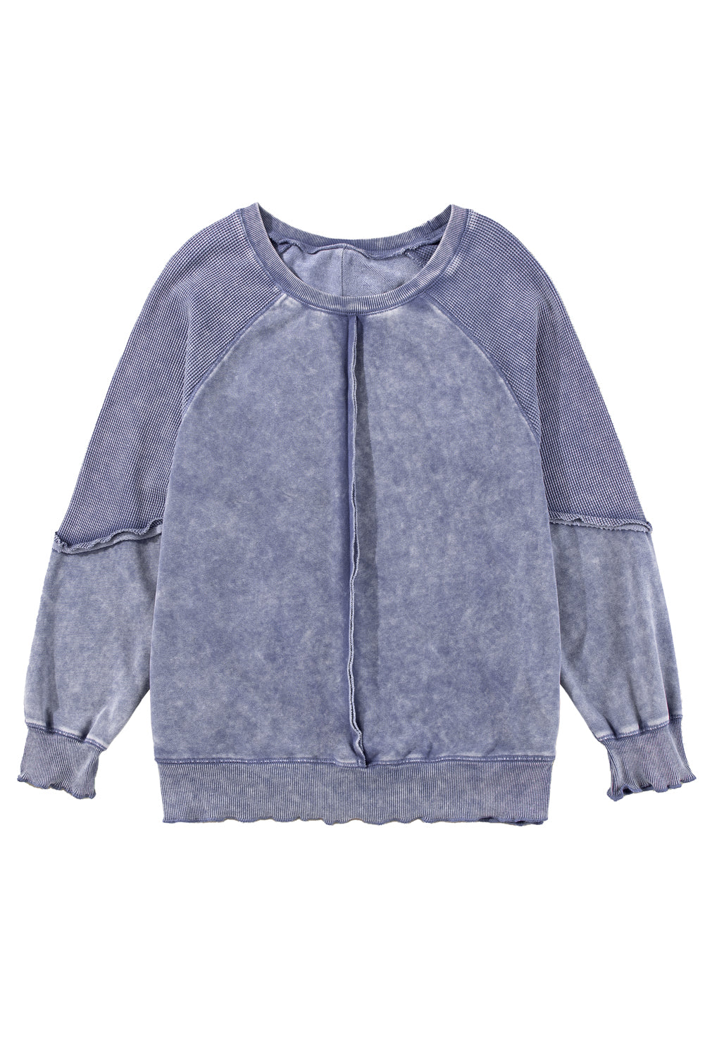 Sail Blue Waffle Knit Patchwork Raglan Sleeve Sweatshirt-Sweatshirts & Hoodies-[Adult]-[Female]-2022 Online Blue Zone Planet