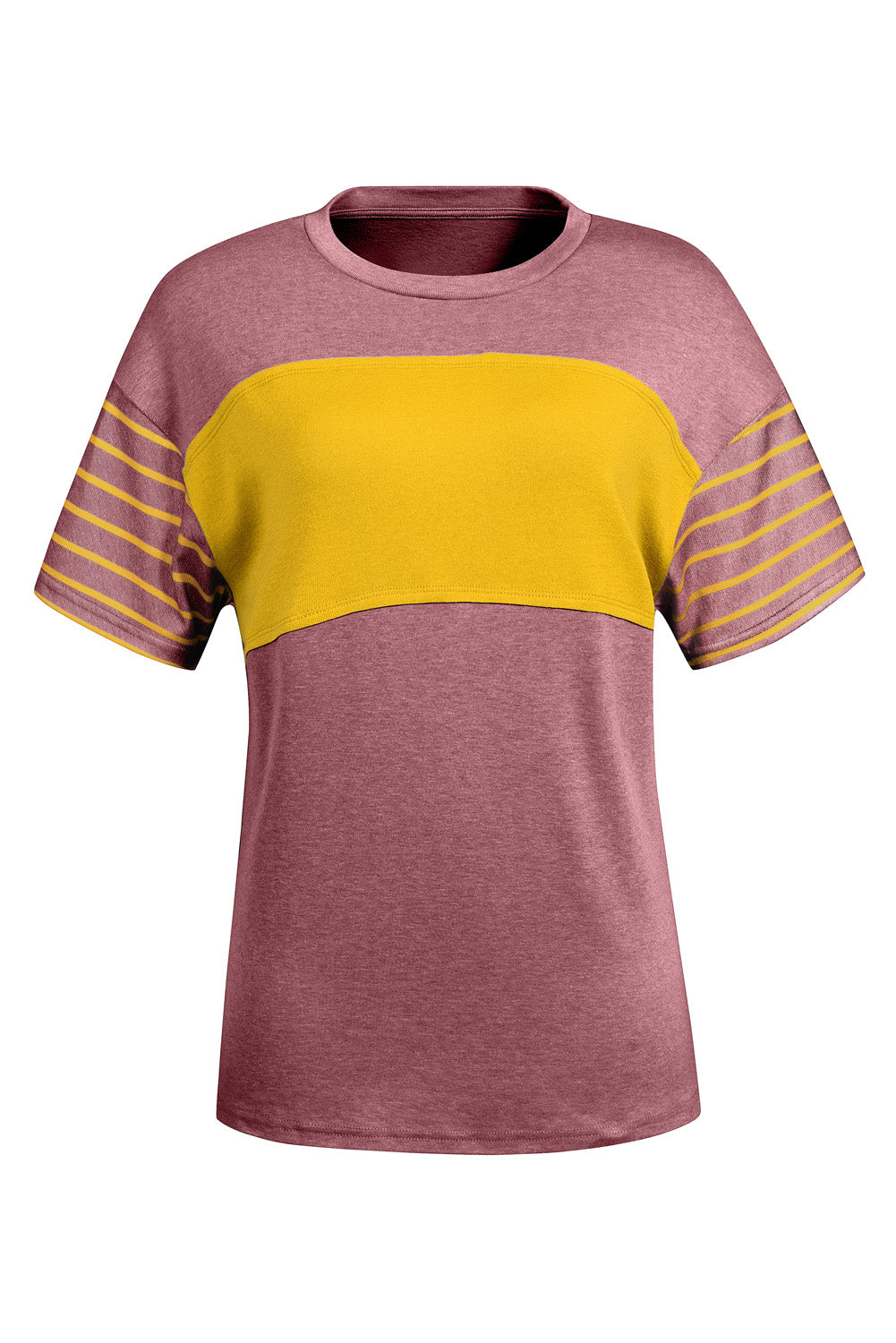 Red Dahlia Color Block Striped Detail Loose T Shirt-Tops/Tops & Tees-[Adult]-[Female]-2022 Online Blue Zone Planet