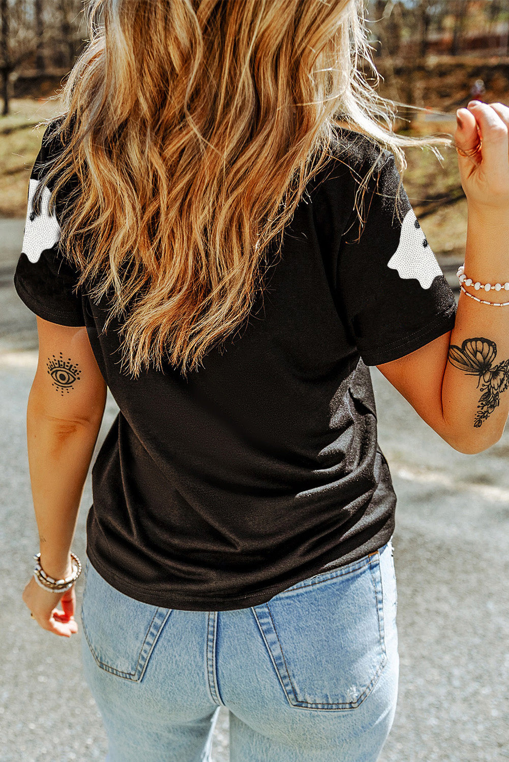 Black Sequin Halloween Ghost Patched Casual T Shirt-Graphic/Graphic Tees-[Adult]-[Female]-2022 Online Blue Zone Planet