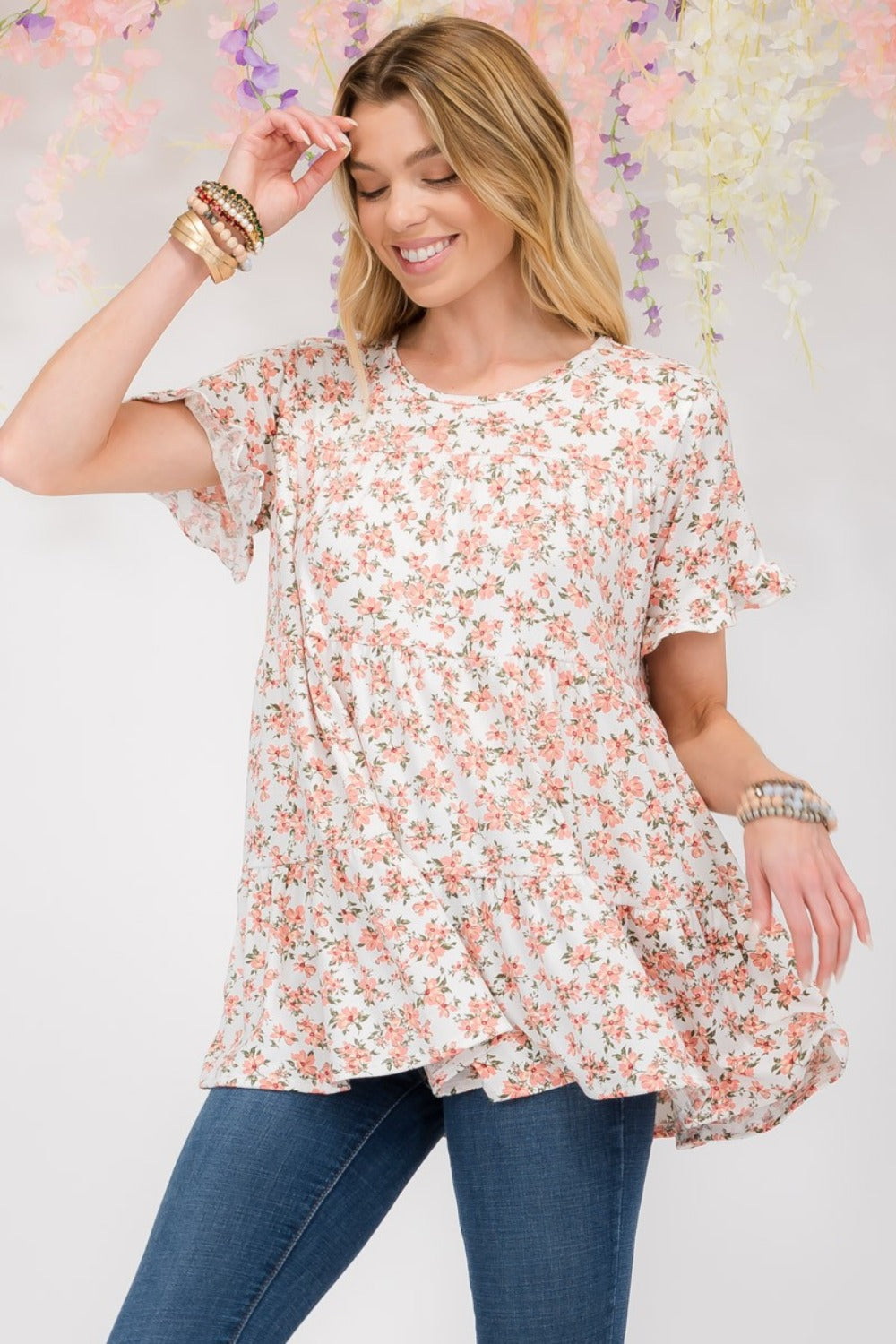 Celeste Full Size Floral Ruffled Short Sleeve Blouse-TOPS / DRESSES-[Adult]-[Female]-Ivory Floral-S-2022 Online Blue Zone Planet