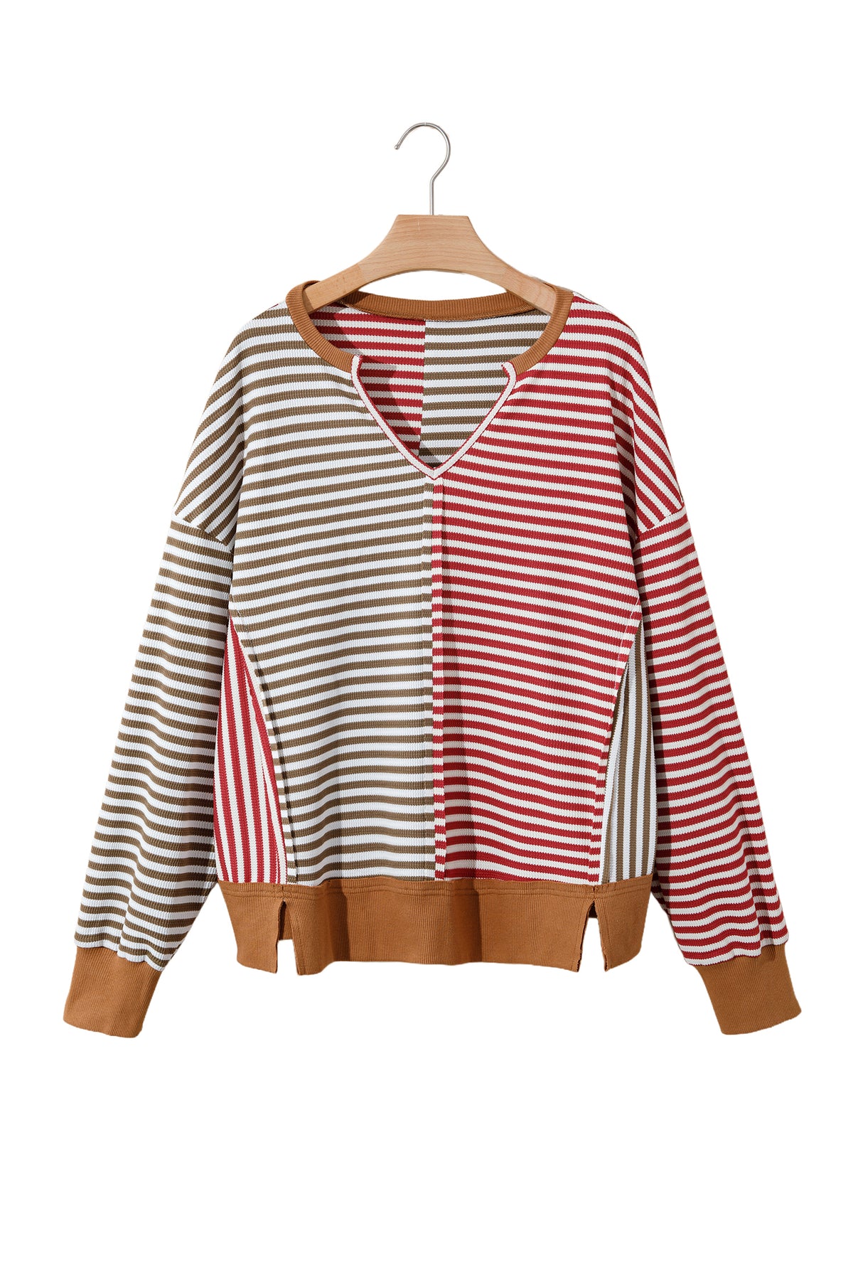 Red Striped Colorblock V Neck Long Sleeve Top-Tops/Long Sleeve Tops-[Adult]-[Female]-2022 Online Blue Zone Planet