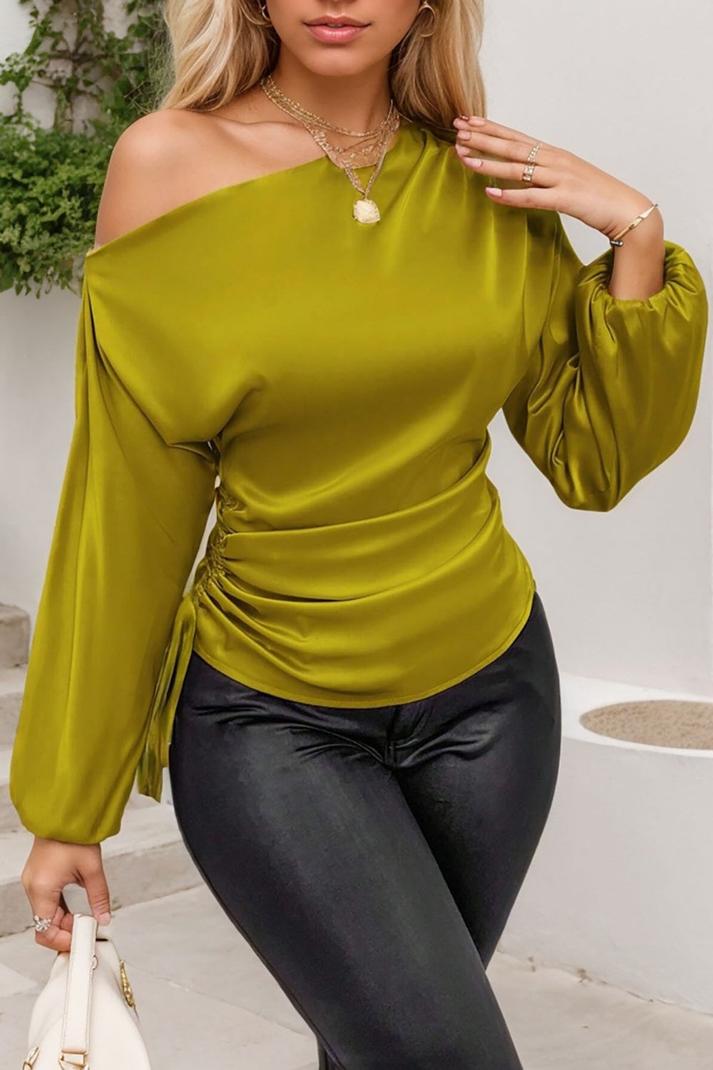 Drawstring One Shoulder Long Sleeve Blouse-TOPS / DRESSES-[Adult]-[Female]-2022 Online Blue Zone Planet