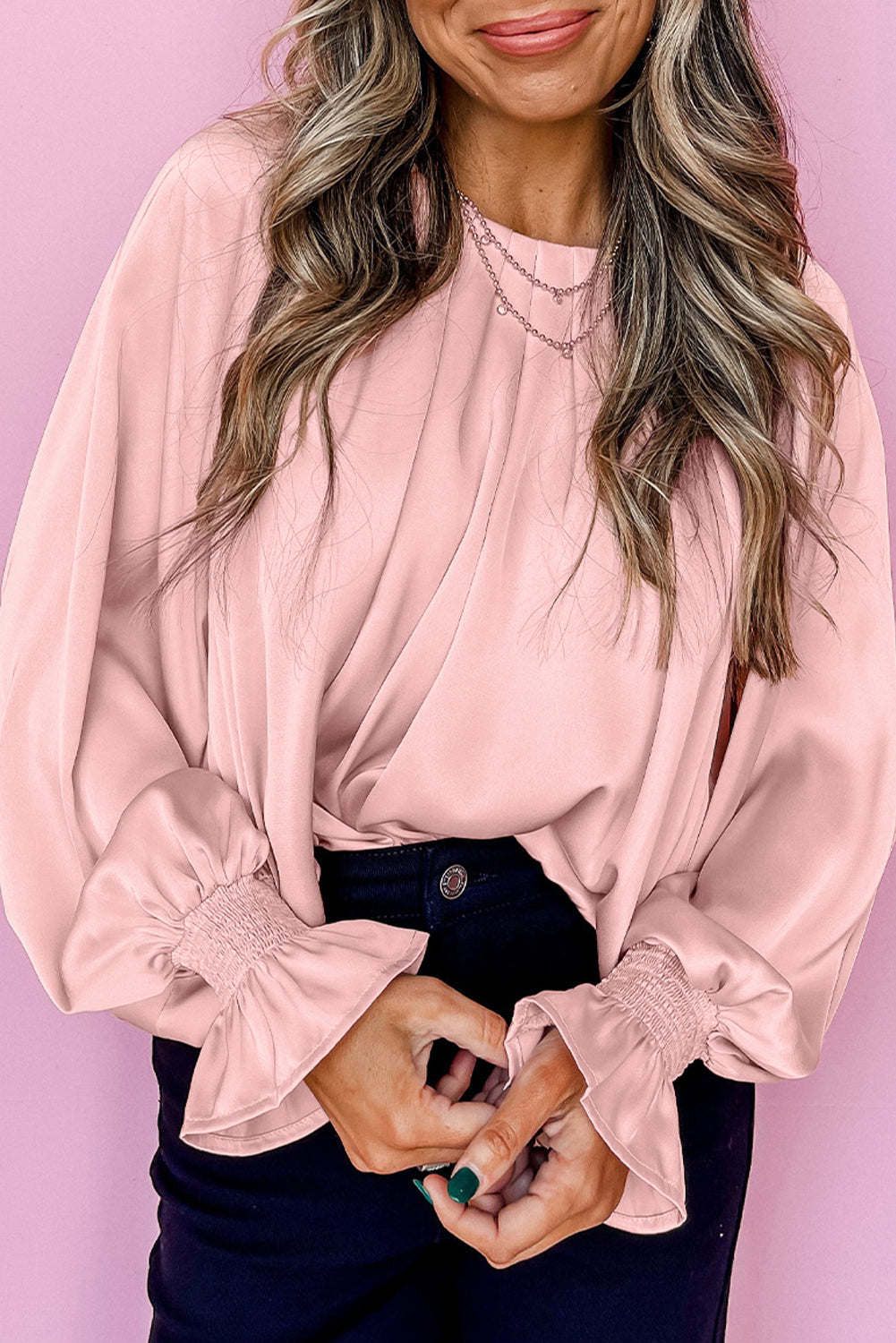 Apricot Pink Pleated Round Neck Flounce Sleeve Satin Blouse-Tops/Blouses & Shirts-[Adult]-[Female]-Apricot Pink-S-2022 Online Blue Zone Planet