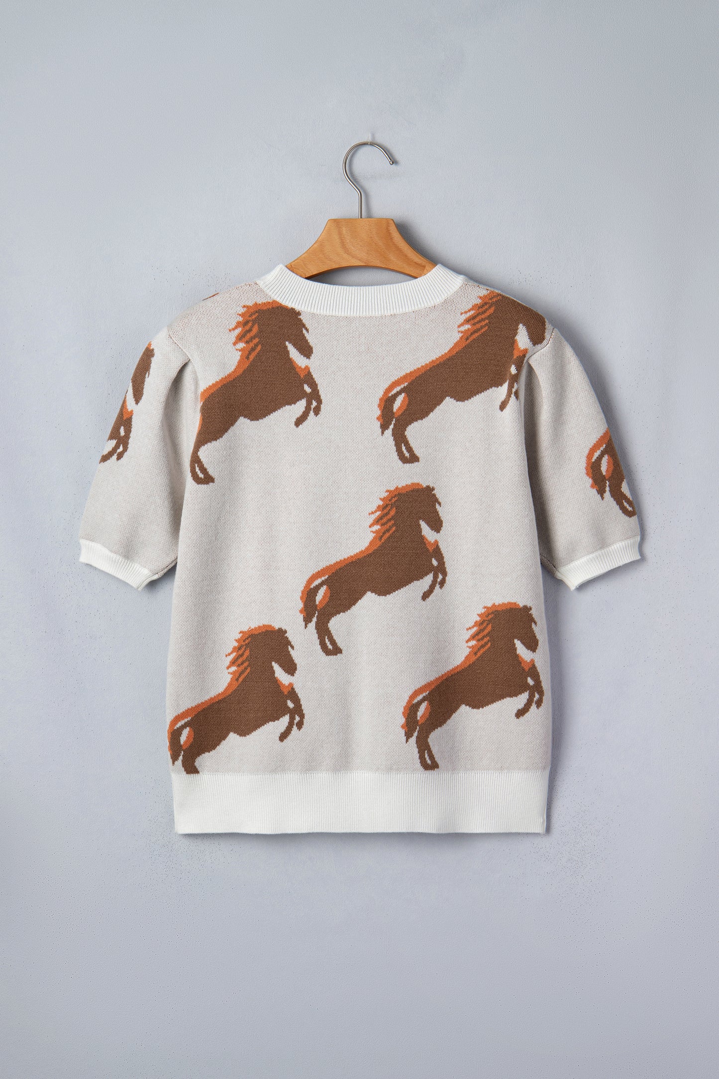White Western Horse Printed Short Puff Sleeve Sweater-Sweaters & Cardigans/Short Sleeve Sweaters-[Adult]-[Female]-2022 Online Blue Zone Planet