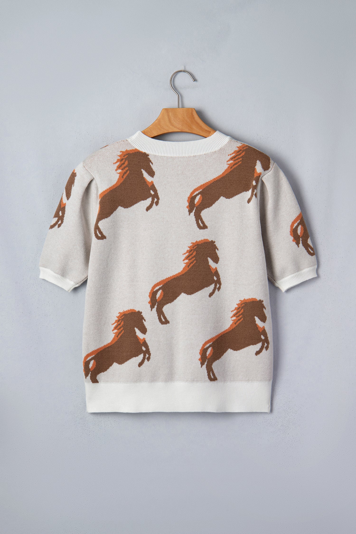 White Western Horse Printed Short Puff Sleeve Sweater-Sweaters & Cardigans/Short Sleeve Sweaters-[Adult]-[Female]-2022 Online Blue Zone Planet