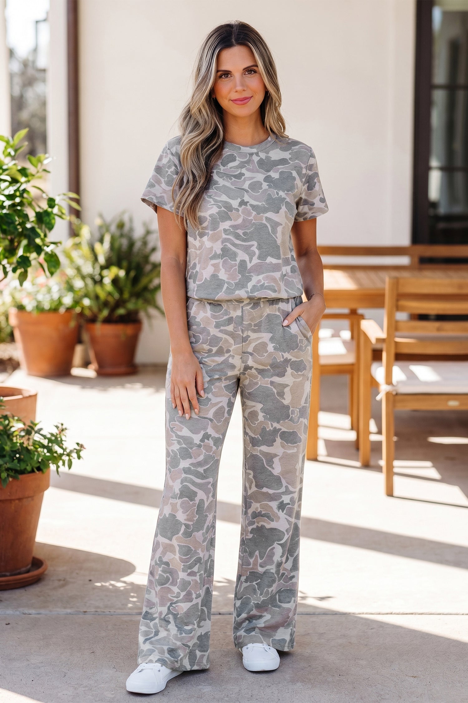 Multicolour Camouflage Short Sleeve Top and High Waist Wide Leg Pants Set-Two Piece Sets/Pant Sets-[Adult]-[Female]-2022 Online Blue Zone Planet