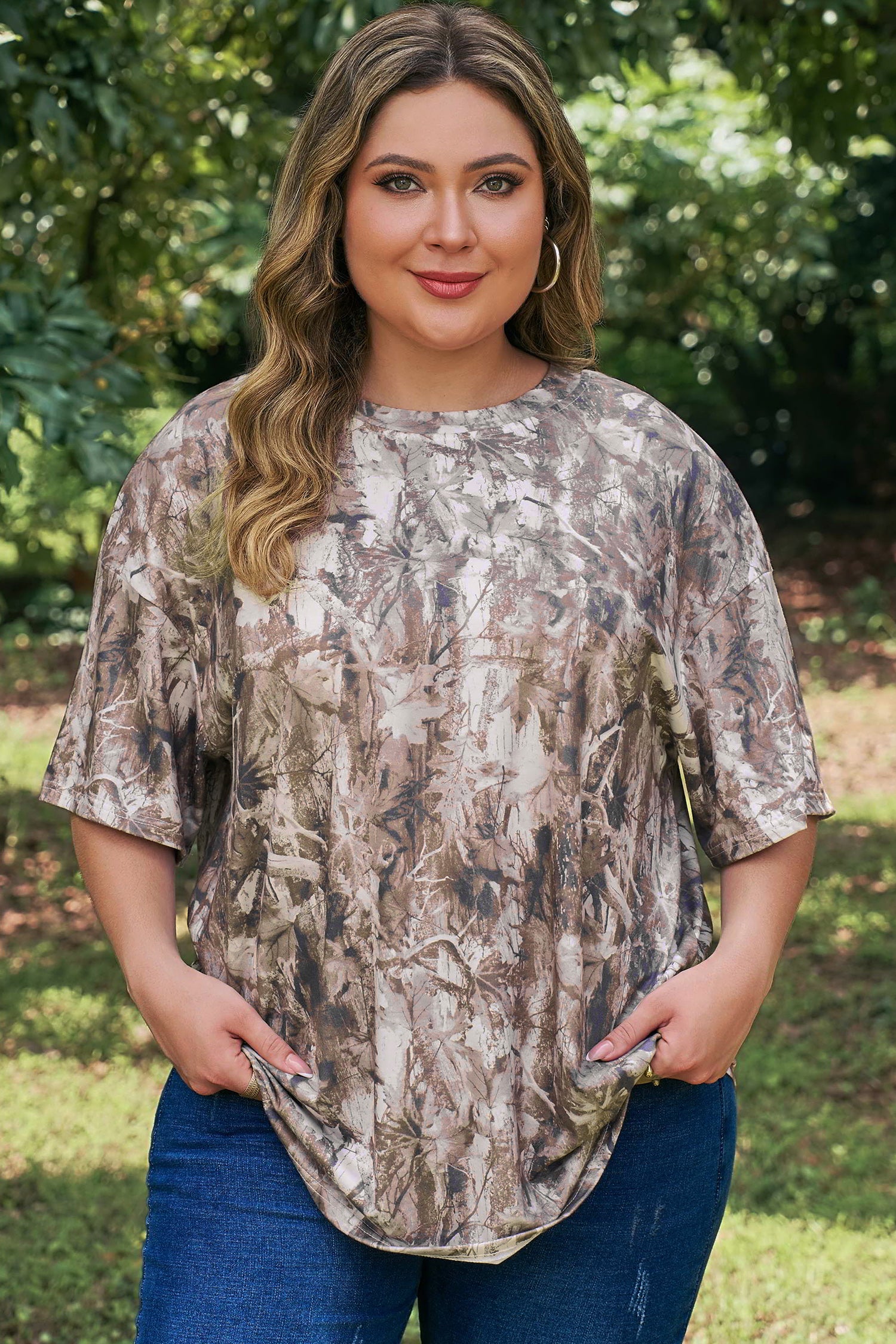 Khaki Plus Size Woodland Camouflage Print T Shirt-Plus Size/Plus Size Tops/Plus Size Tops & Tees-[Adult]-[Female]-2022 Online Blue Zone Planet