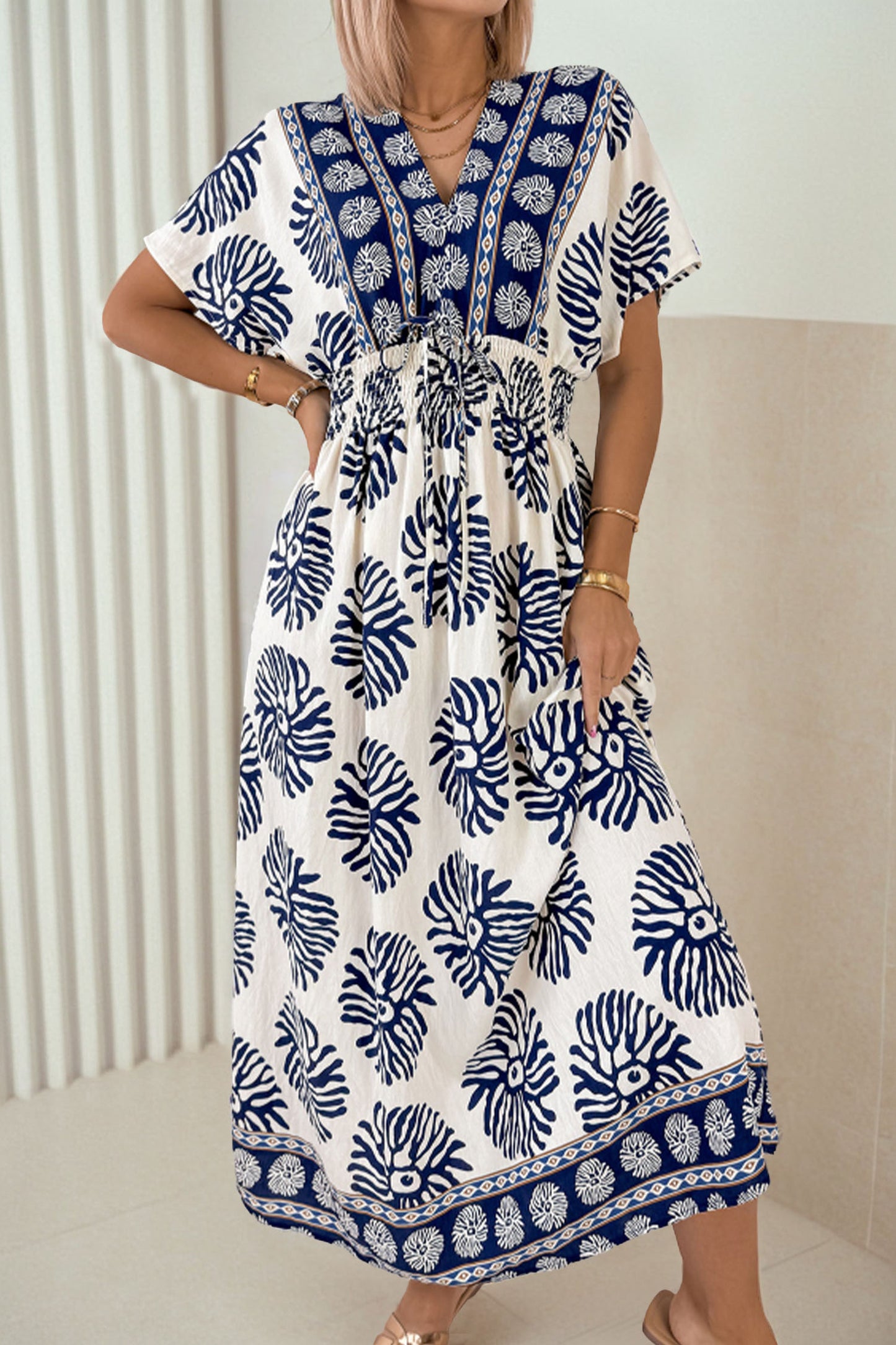 Blue Boho Floral Print Contrast Patchwork V Neck Dolman Maxi Dress-TOPS / DRESSES-[Adult]-[Female]-Blue-S-2022 Online Blue Zone Planet