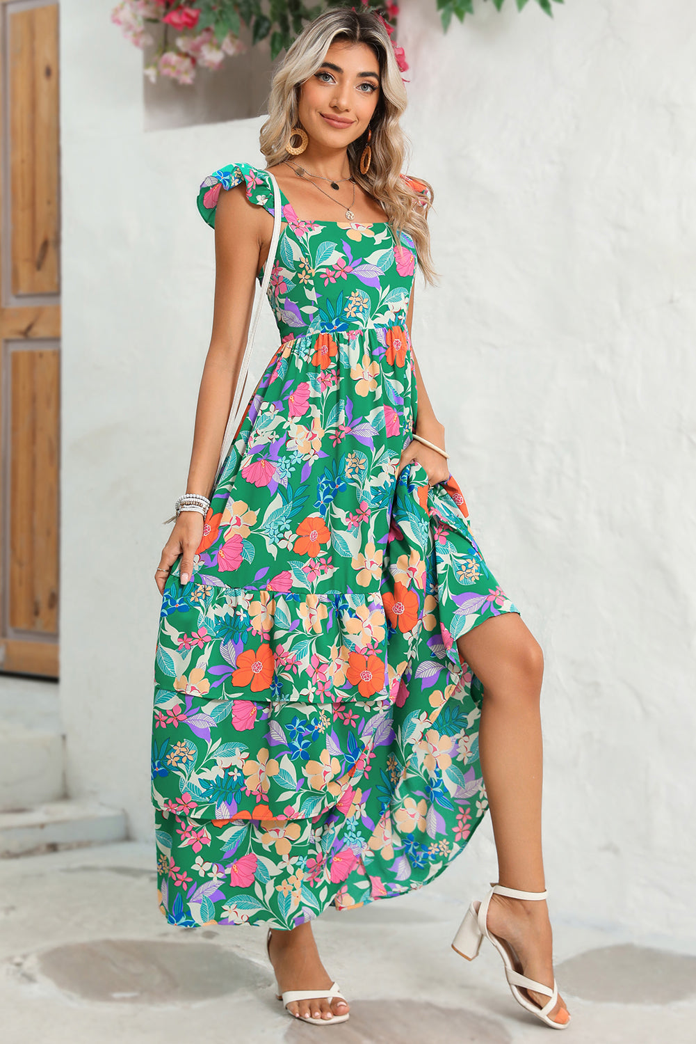 Pink Floral Print Sleeveless Ruffle Tiered Maxi Dress-Maxi Dresses-[Adult]-[Female]-2022 Online Blue Zone Planet