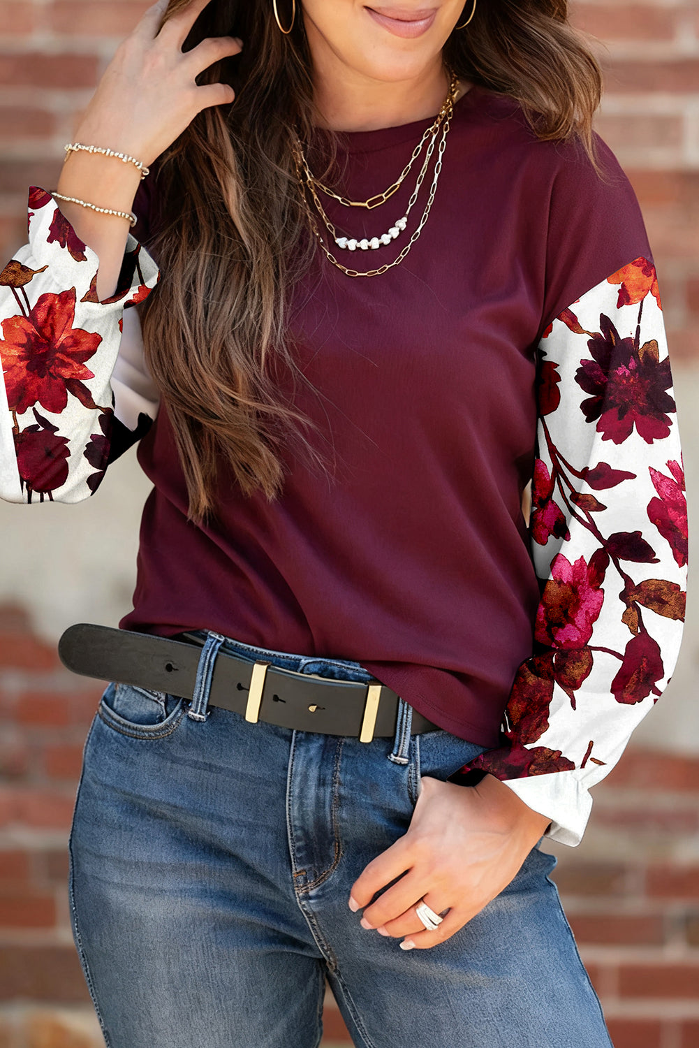 Wild Ginger Contrast Floral Sleeve Solid Ribbed Body Patchwork Long Sleeve Top-Tops/Long Sleeve Tops-[Adult]-[Female]-Wild Ginger-S-2022 Online Blue Zone Planet