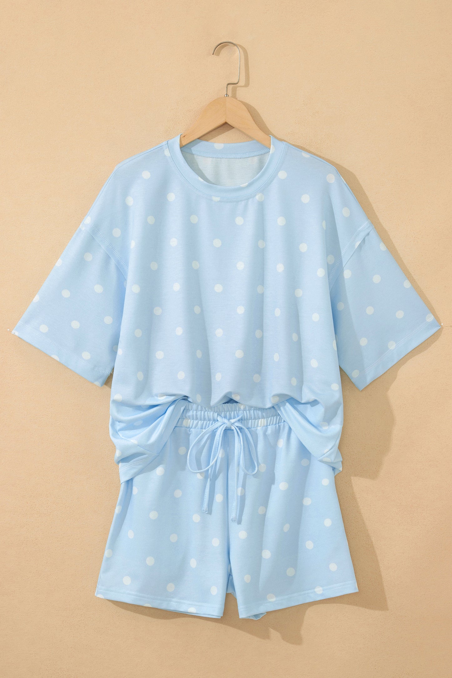 White Exposed Seam Detail Polka Dot Loose Tee Drawstring Shorts Set-Two Piece Sets/Short Sets-[Adult]-[Female]-2022 Online Blue Zone Planet