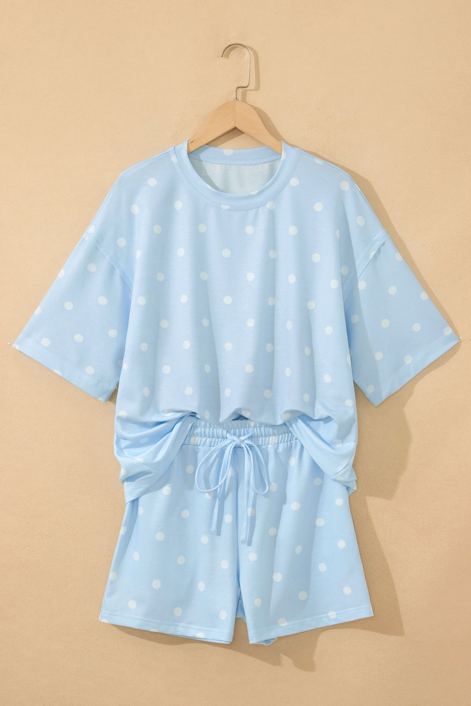 White Exposed Seam Detail Polka Dot Loose Tee Drawstring Shorts Set-Two Piece Sets/Short Sets-[Adult]-[Female]-2022 Online Blue Zone Planet