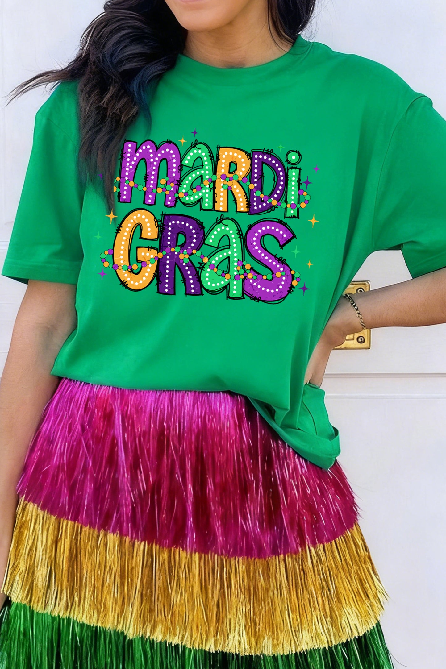 Bright Green MARDI GRAS Delightful Letter Graphic T Shirt-Graphic Tees-[Adult]-[Female]-Bright Green-2XL-2022 Online Blue Zone Planet