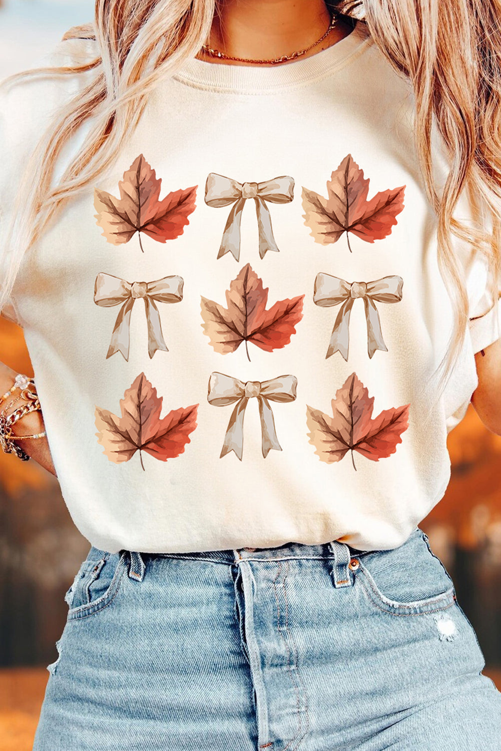 White Fall Leaf Bow Print Thanksgiving T Shirt-Graphic/Graphic Tees-[Adult]-[Female]-2022 Online Blue Zone Planet