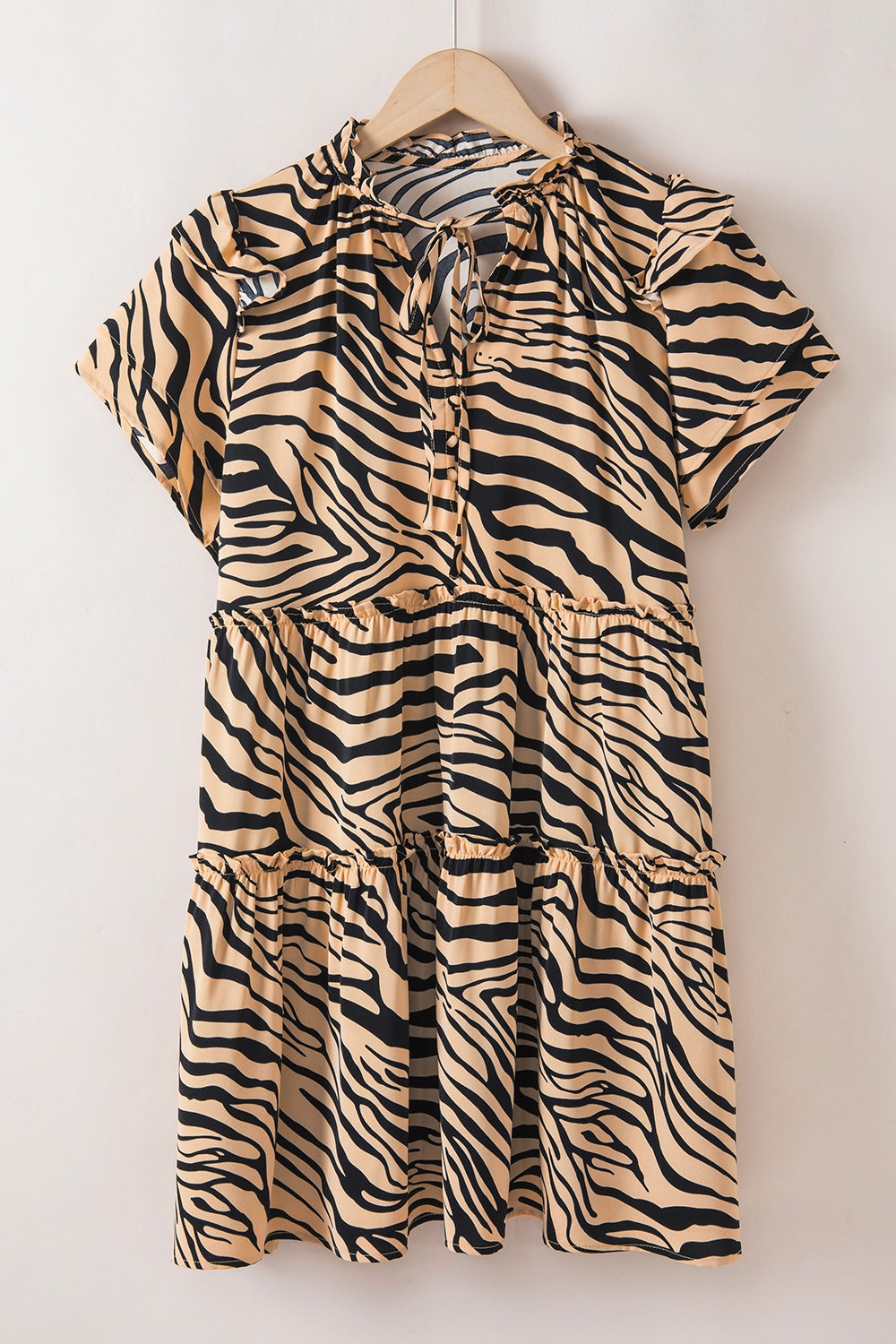 Ruffled Animal Print Tie Neck Mini Dress-TOPS / DRESSES-[Adult]-[Female]-2022 Online Blue Zone Planet