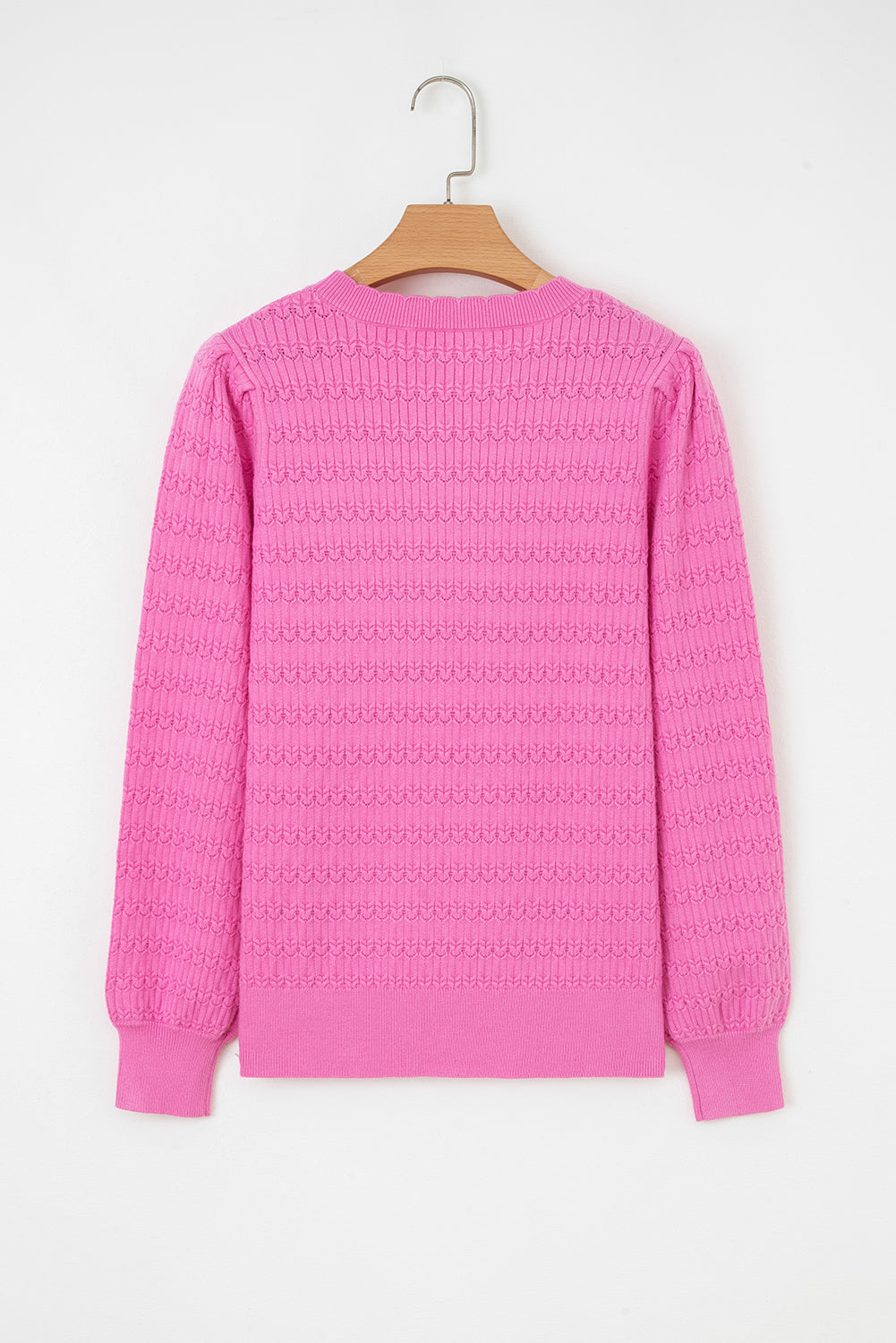 Bright Pink Trendy Pattern Knit Ribbed Cuffs Crew Neck Sweater-TOPS / DRESSES-[Adult]-[Female]-2022 Online Blue Zone Planet
