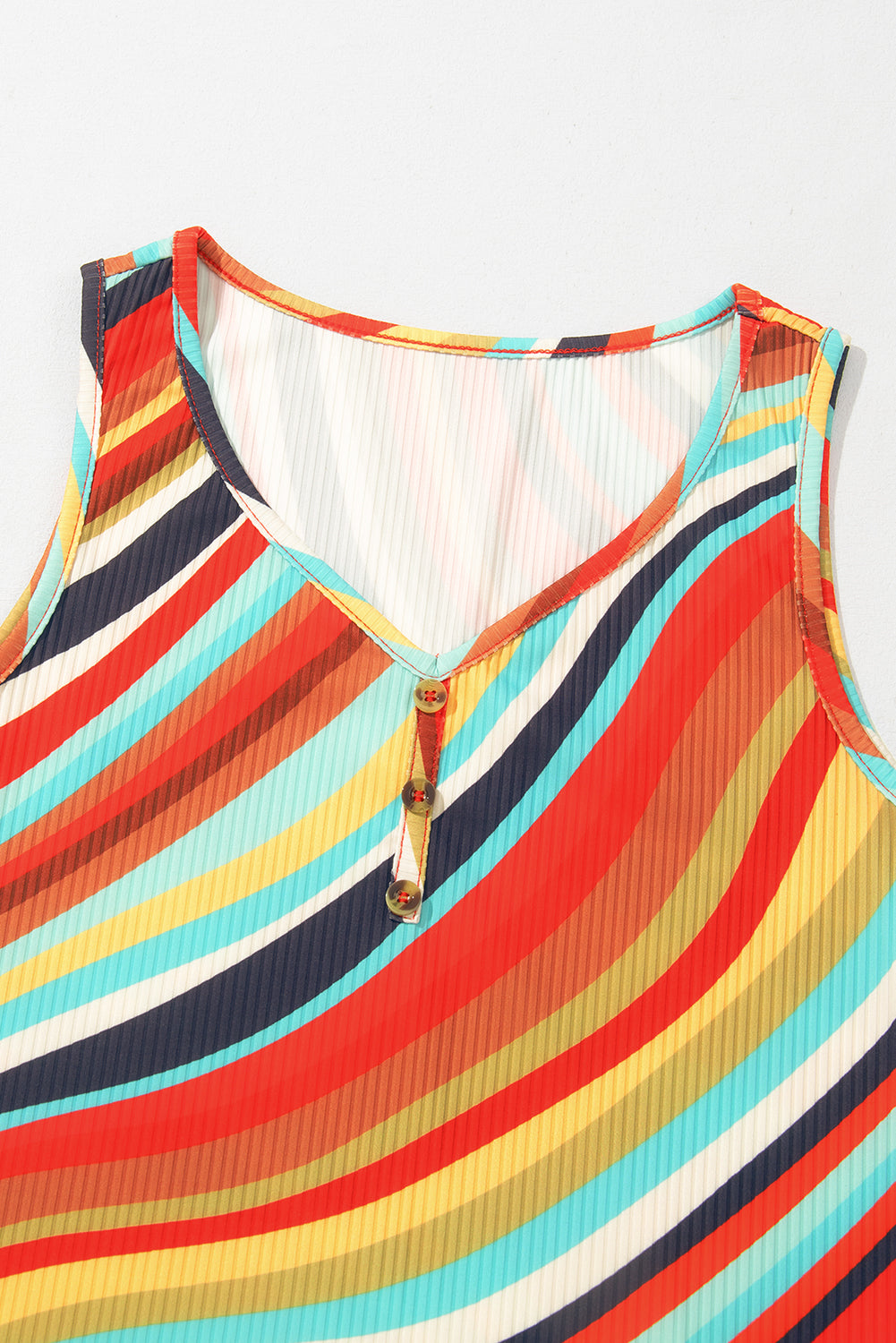 Multicolour Wavy Striped Buttoned V Neck Tank Top-Tops/Tank Tops-[Adult]-[Female]-2022 Online Blue Zone Planet