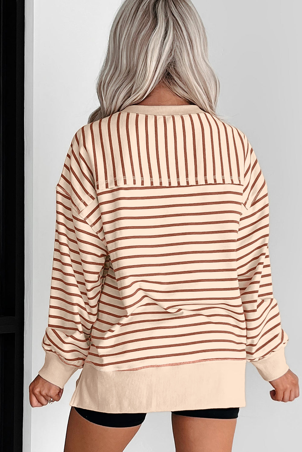Khaki Stripe Ribbed Band Seam Detail Baggy Sweatshirt-Tops/Sweatshirts & Hoodies-[Adult]-[Female]-2022 Online Blue Zone Planet