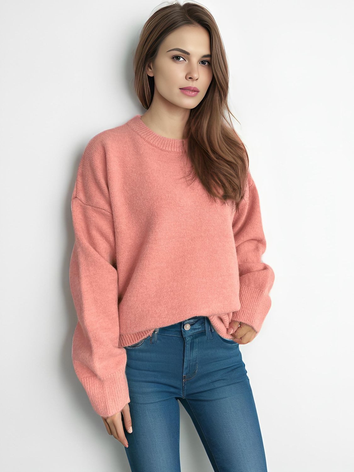 Round Neck Dropped Shoulder Long Sleeve Sweater-TOPS / DRESSES-[Adult]-[Female]-Burnt Coral-One Size-2022 Online Blue Zone Planet