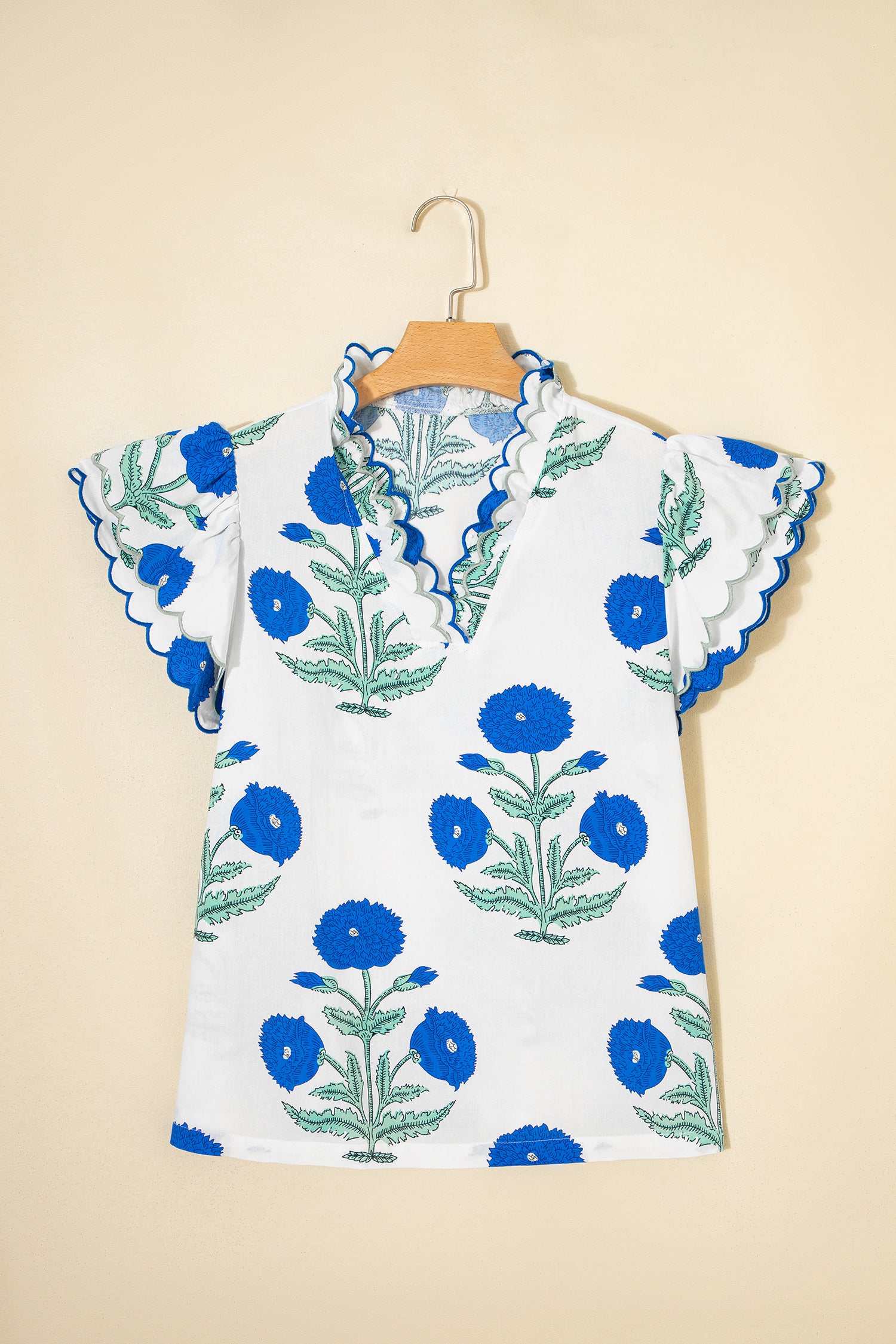 Blue Wild Flower Print Contrast Trim Scallop Detail Short Sleeve Blouse-Tops/Blouses & Shirts-[Adult]-[Female]-2022 Online Blue Zone Planet