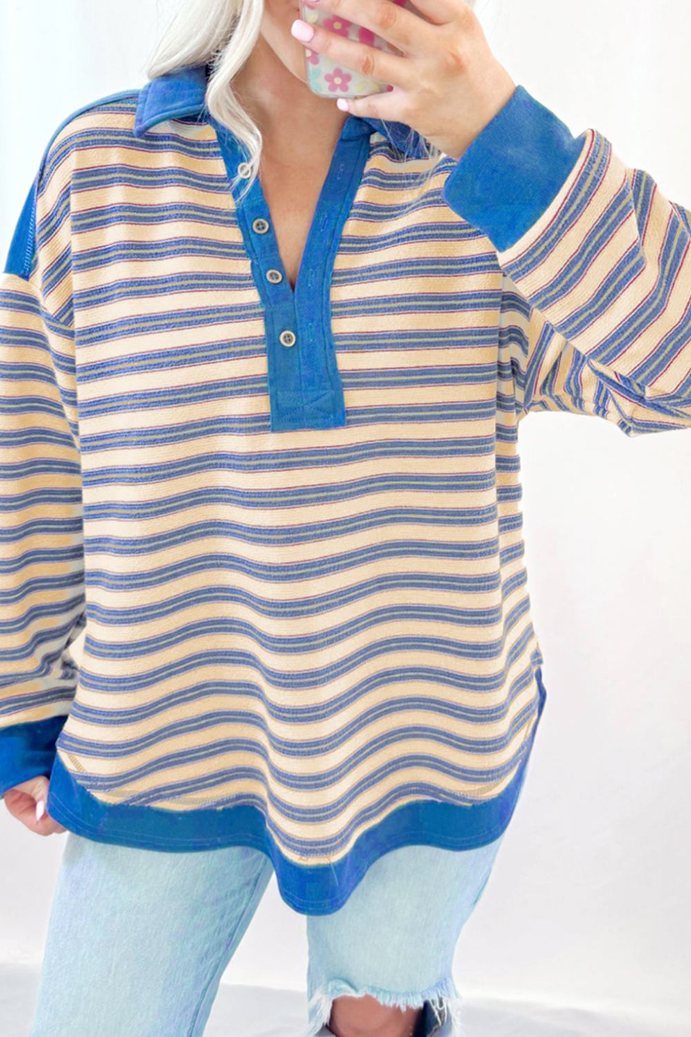 Striped Johnny Collar Long Sleeve Sweatshirt-TOPS / DRESSES-[Adult]-[Female]-Dusty Blue-S-2022 Online Blue Zone Planet