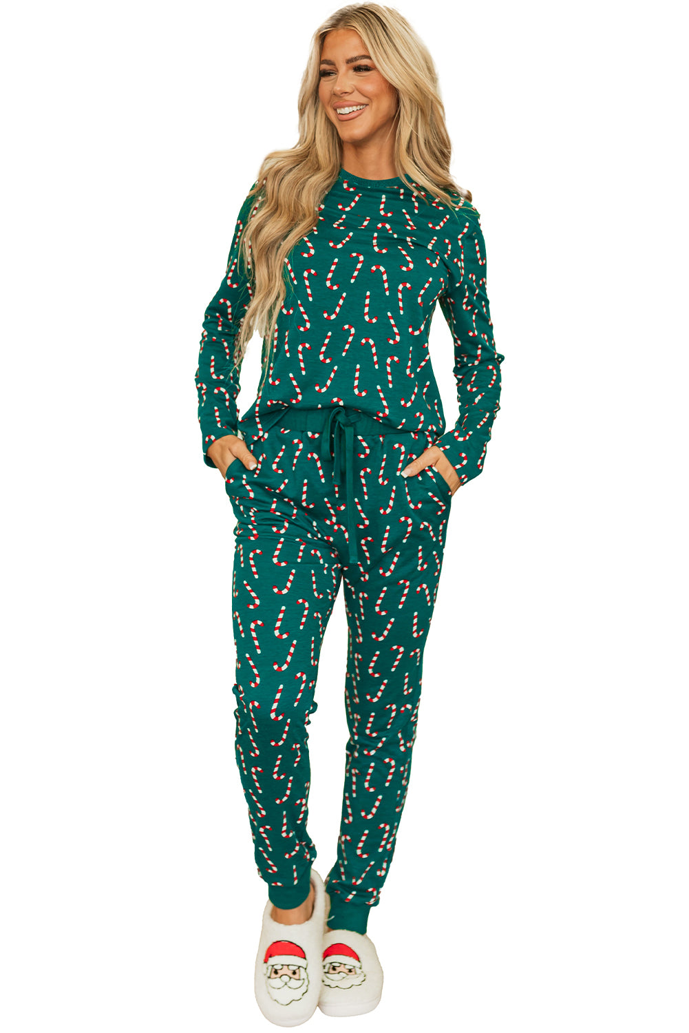 Blue Zone Planet | Green Christmas Candy Cane Printed Top and Pants Lounge Set-TOPS / DRESSES-[Adult]-[Female]-2022 Online Blue Zone Planet