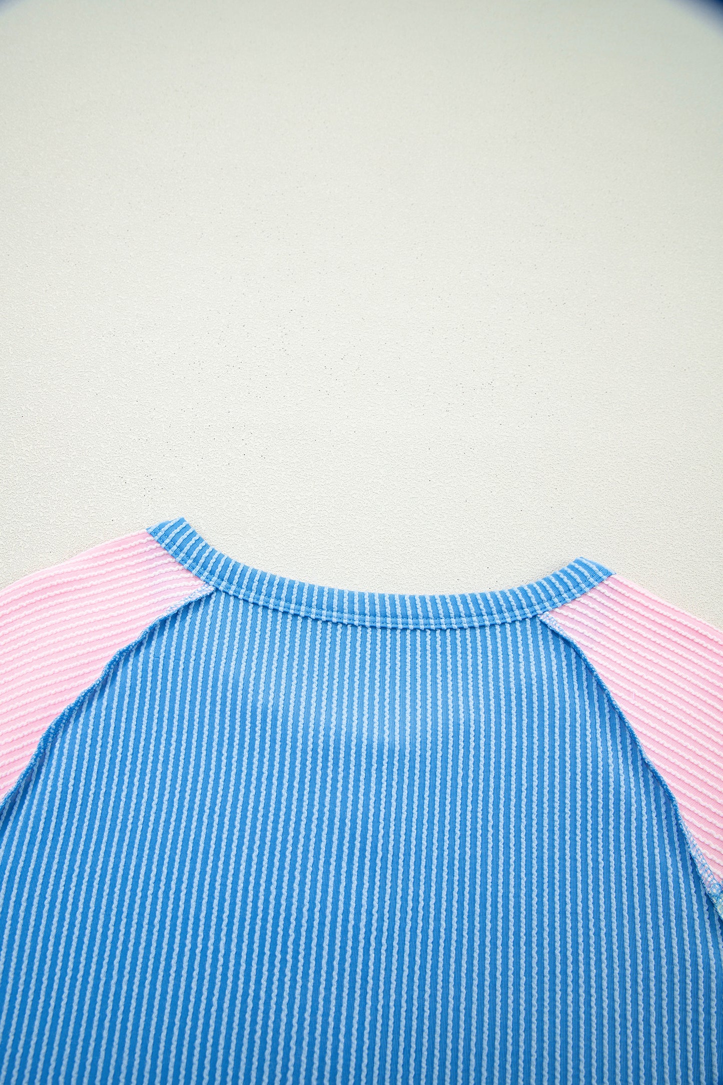 Blue Twisted Ribbed Color Block Patchwork Henley Short Sleeve T Shirt-Tops/Tops & Tees-[Adult]-[Female]-2022 Online Blue Zone Planet