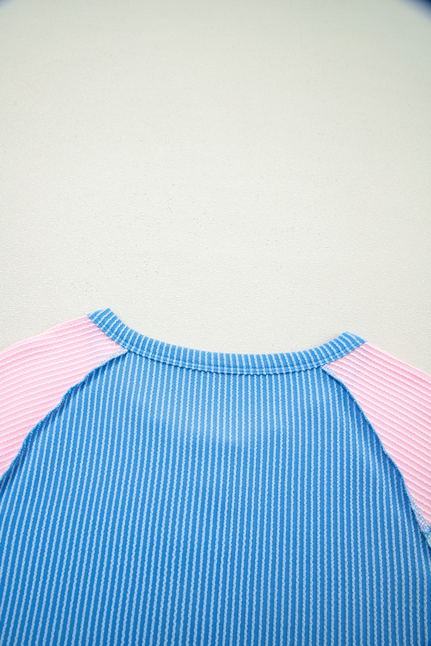 Blue Twisted Ribbed Color Block Patchwork Henley Short Sleeve T Shirt-Tops/Tops & Tees-[Adult]-[Female]-2022 Online Blue Zone Planet