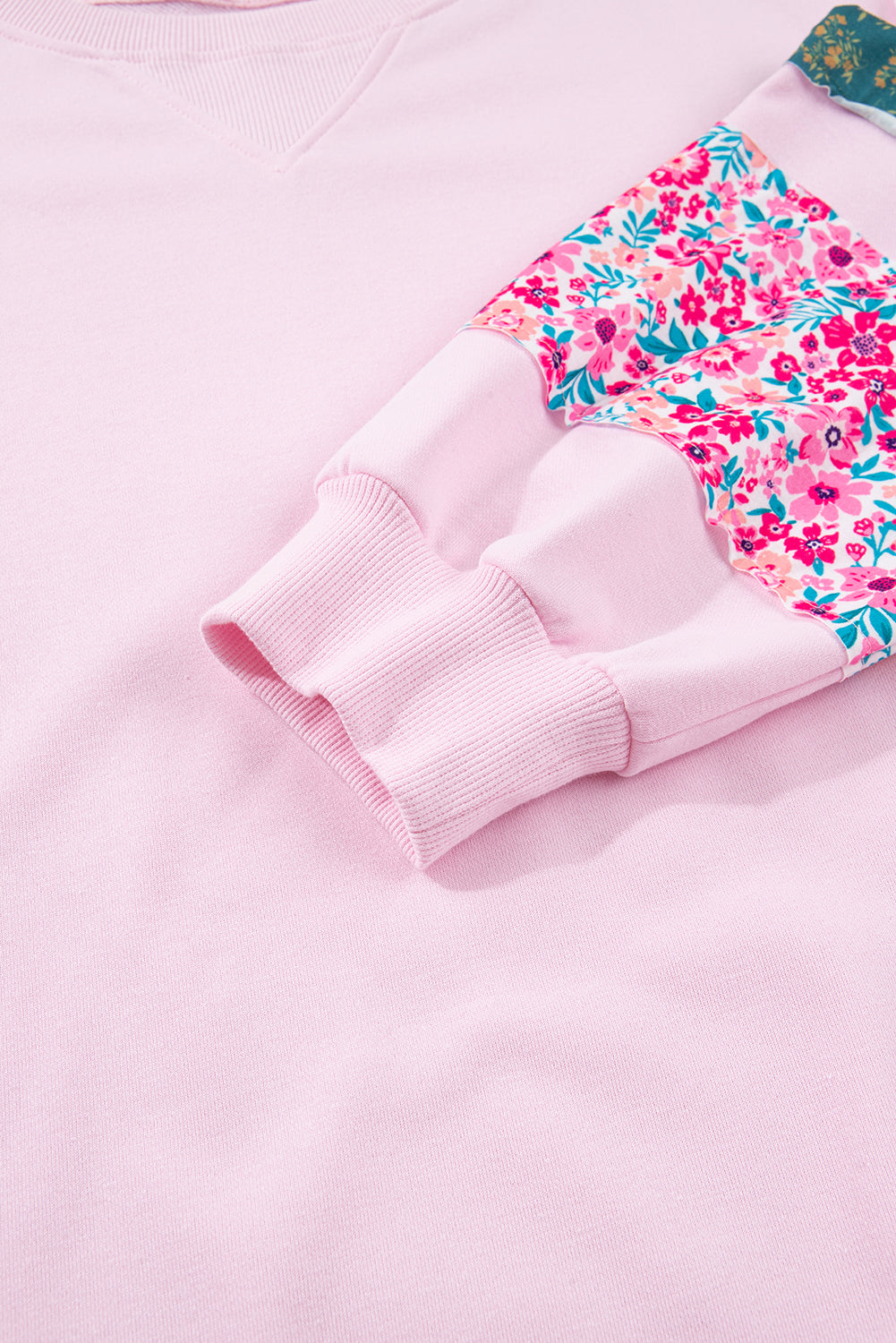 Pink Plus Size Mix Floral Patched Sleeve Ribbed Trim Baggy Sweatshirt-Plus Size/Plus Size Sweatshirts & Hoodies-[Adult]-[Female]-2022 Online Blue Zone Planet