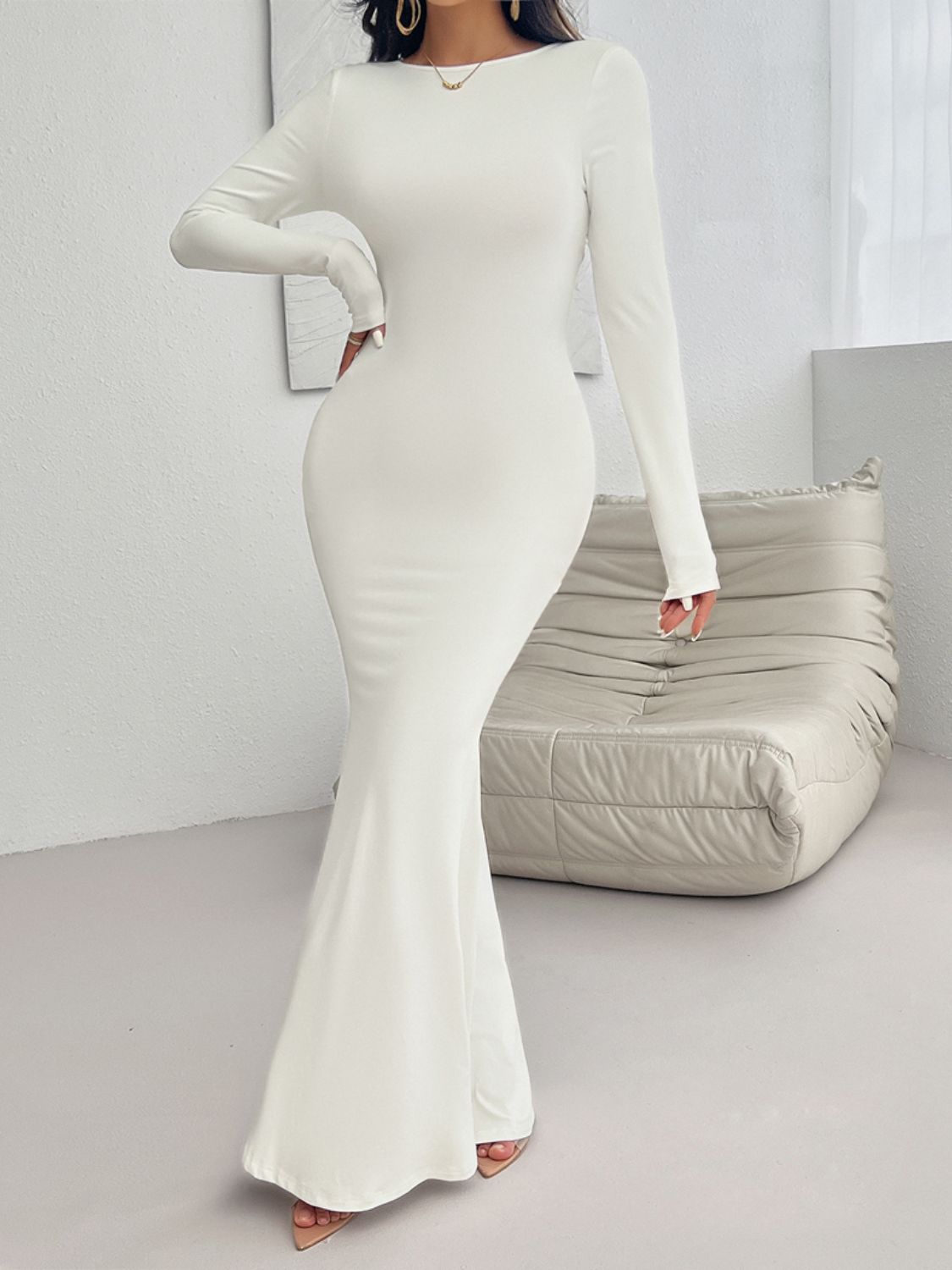 Devine Backless Round Neck Long Sleeve Maxi Dress-TOPS / DRESSES-[Adult]-[Female]-Ivory-S-2022 Online Blue Zone Planet