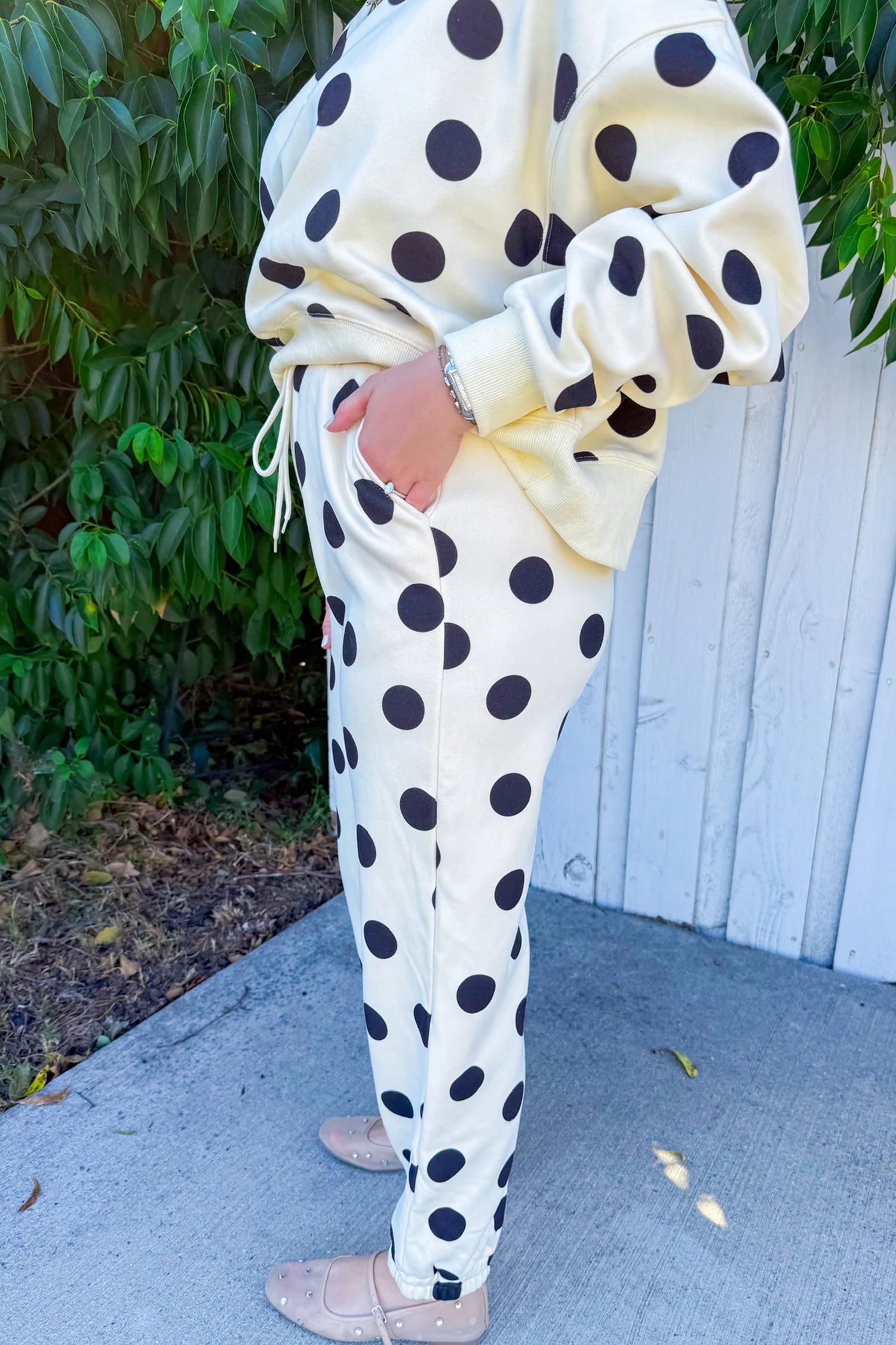 Beige Polka Dot Print Drop Shoulder Pullover Drawstring Jogger Pant Set-Two Piece Sets/Pant Sets-[Adult]-[Female]-2022 Online Blue Zone Planet