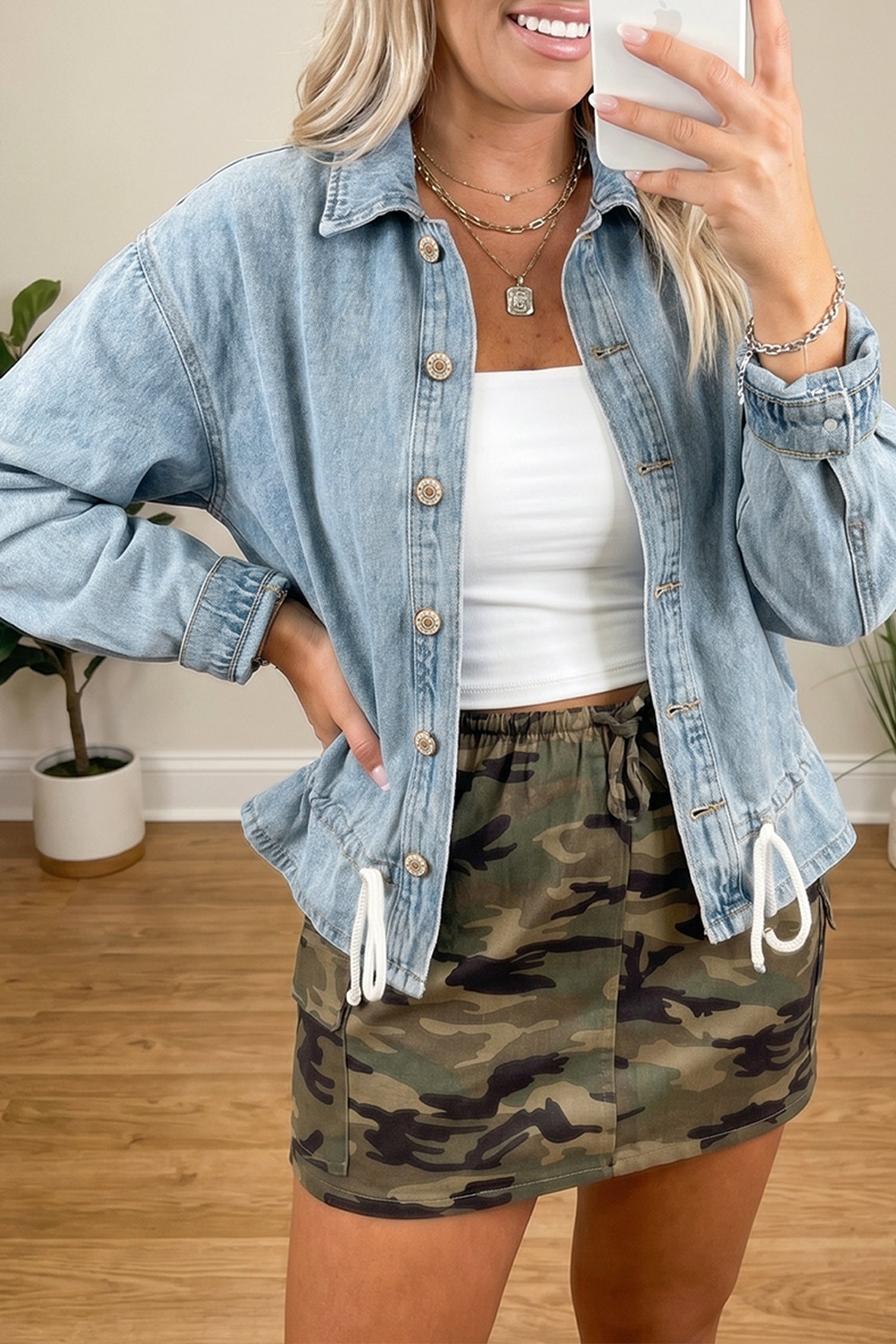 Beau Blue Draw-cord Hem Light Wash Denim Jacket-Outerwear/Jackets-[Adult]-[Female]-2022 Online Blue Zone Planet