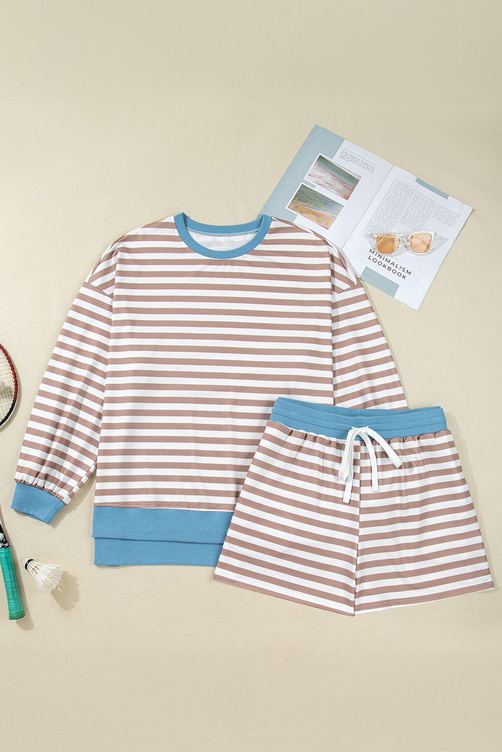 Khaki Stripe Contrast Edge Drop Shoulder Pullover and Shorts Plus Size Set-Plus Size/Plus Size Loungewear-[Adult]-[Female]-2022 Online Blue Zone Planet