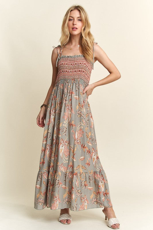 ADORA Smocked Printed Square Neck Tie Shoulder Cami Dress-TOPS / DRESSES-[Adult]-[Female]-2022 Online Blue Zone Planet