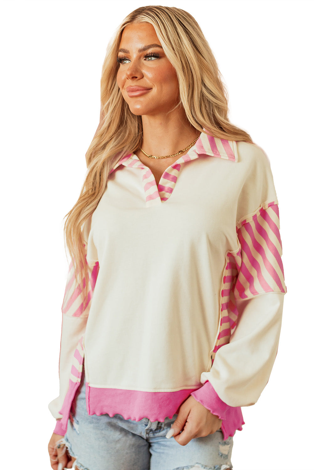 Blue Zone Planet | Pink Stripe Colorblock Patchwork Collared French Terry Knit Top-Tops/Blouses & Shirts-[Adult]-[Female]-2022 Online Blue Zone Planet