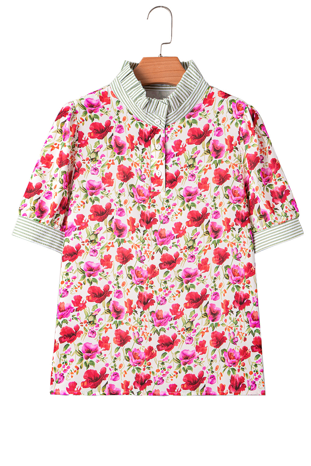 Red Floral Print Striped Patchwork Collared Short Sleeve Blouse-Tops/Blouses & Shirts-[Adult]-[Female]-2022 Online Blue Zone Planet