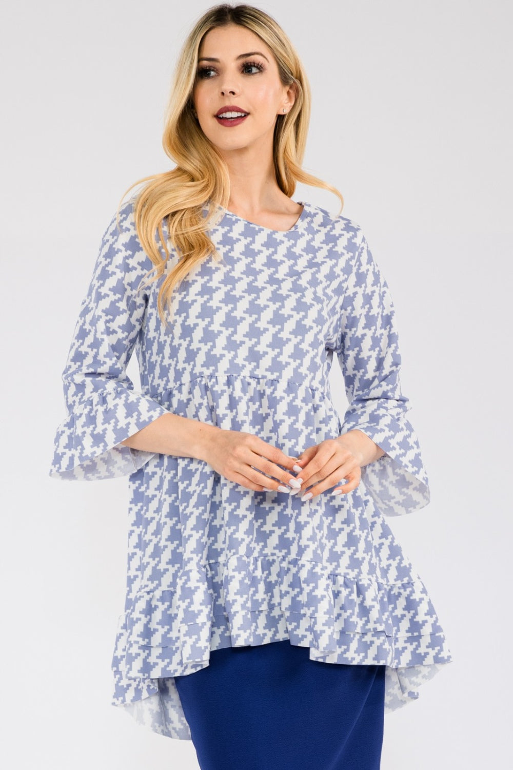 Celeste Full Size Houndstooth Flounce Sleeve High-Low Top-TOPS / DRESSES-[Adult]-[Female]-Denim-S-2022 Online Blue Zone Planet