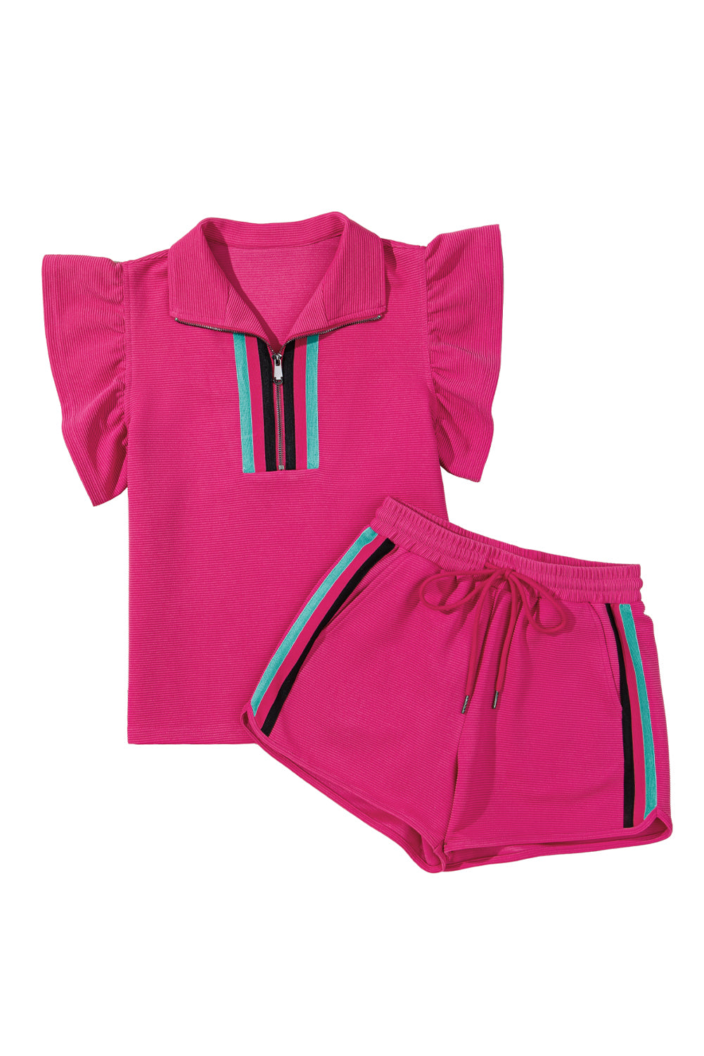 Strawberry Pink Striped Detail Flutter Sleeve Zipped Collar Short Set-Two Piece Sets/Short Sets-[Adult]-[Female]-2022 Online Blue Zone Planet