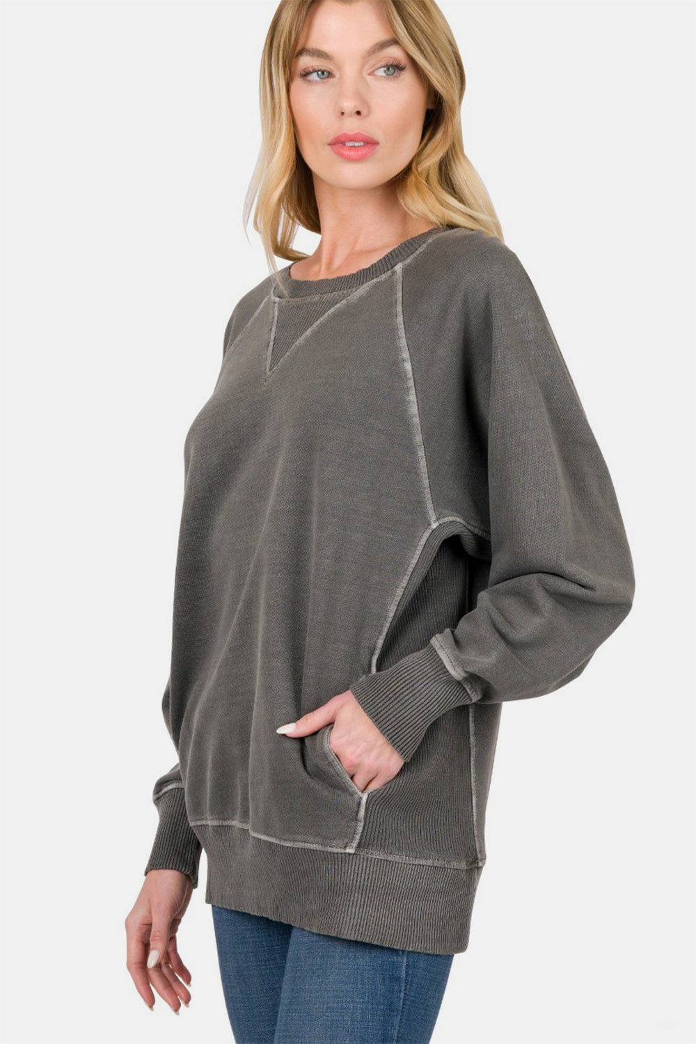 Blue Zone Planet | Zenana Round Neck Long Sleeve Sweatshirt-TOPS / DRESSES-[Adult]-[Female]-Black-S-2022 Online Blue Zone Planet