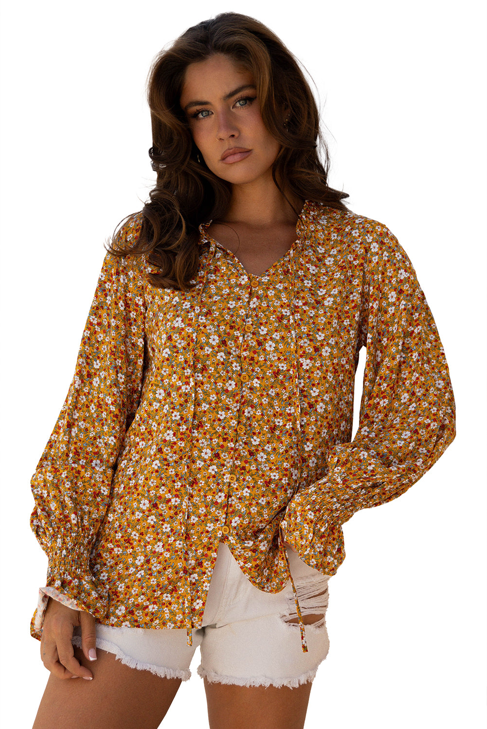 Orange Boho Floral Ruffled Bubble Sleeve V Neck Fall Blouse-Tops/Blouses & Shirts-[Adult]-[Female]-2022 Online Blue Zone Planet