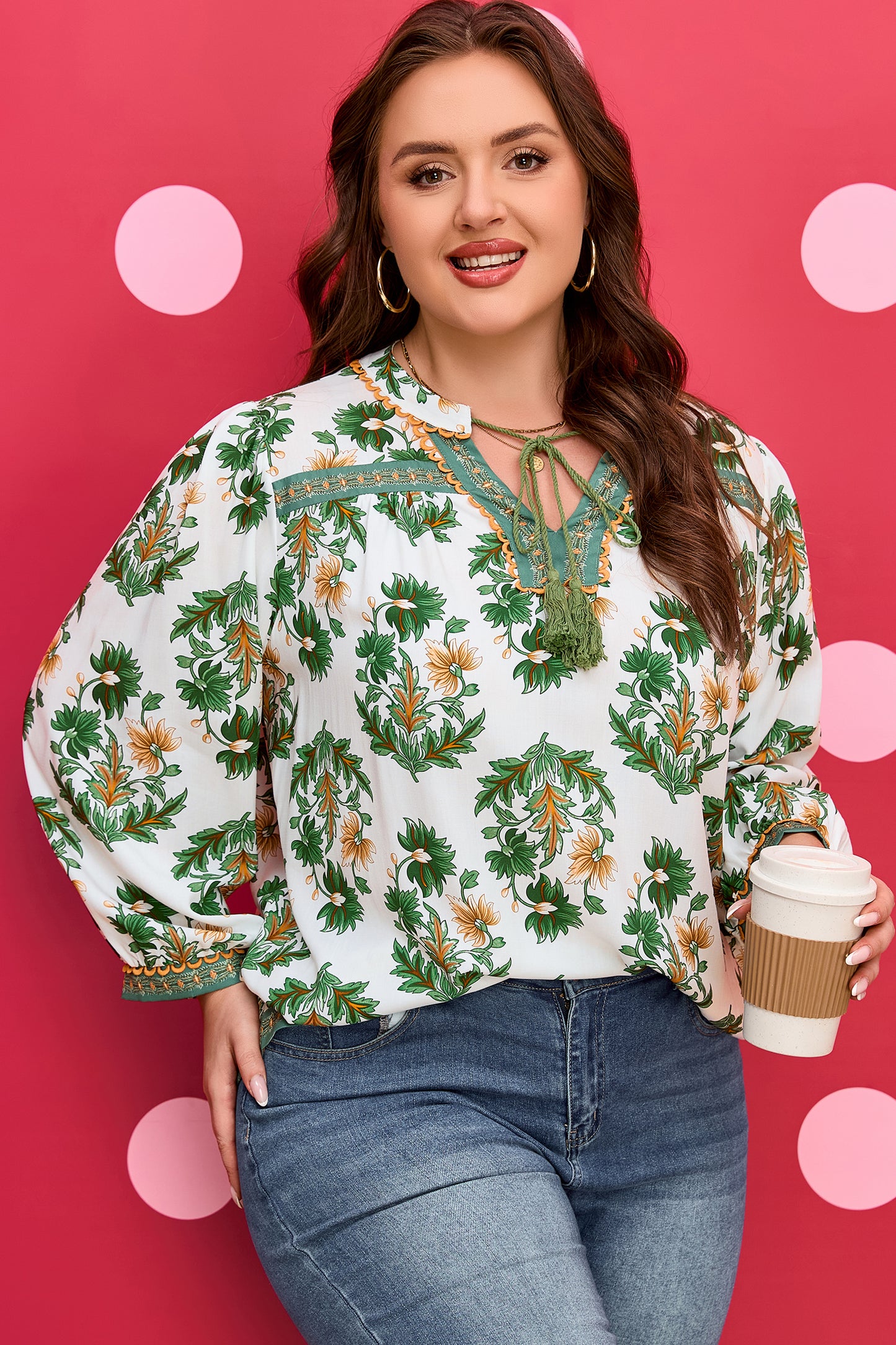 Green Plus Size Floral Printed Contrast Patchwork Detail Tassel Tie 3/4 Sleeve Blouse-Plus Size/Plus Size Tops/Plus Size Blouses & Shirts-[Adult]-[Female]-2022 Online Blue Zone Planet