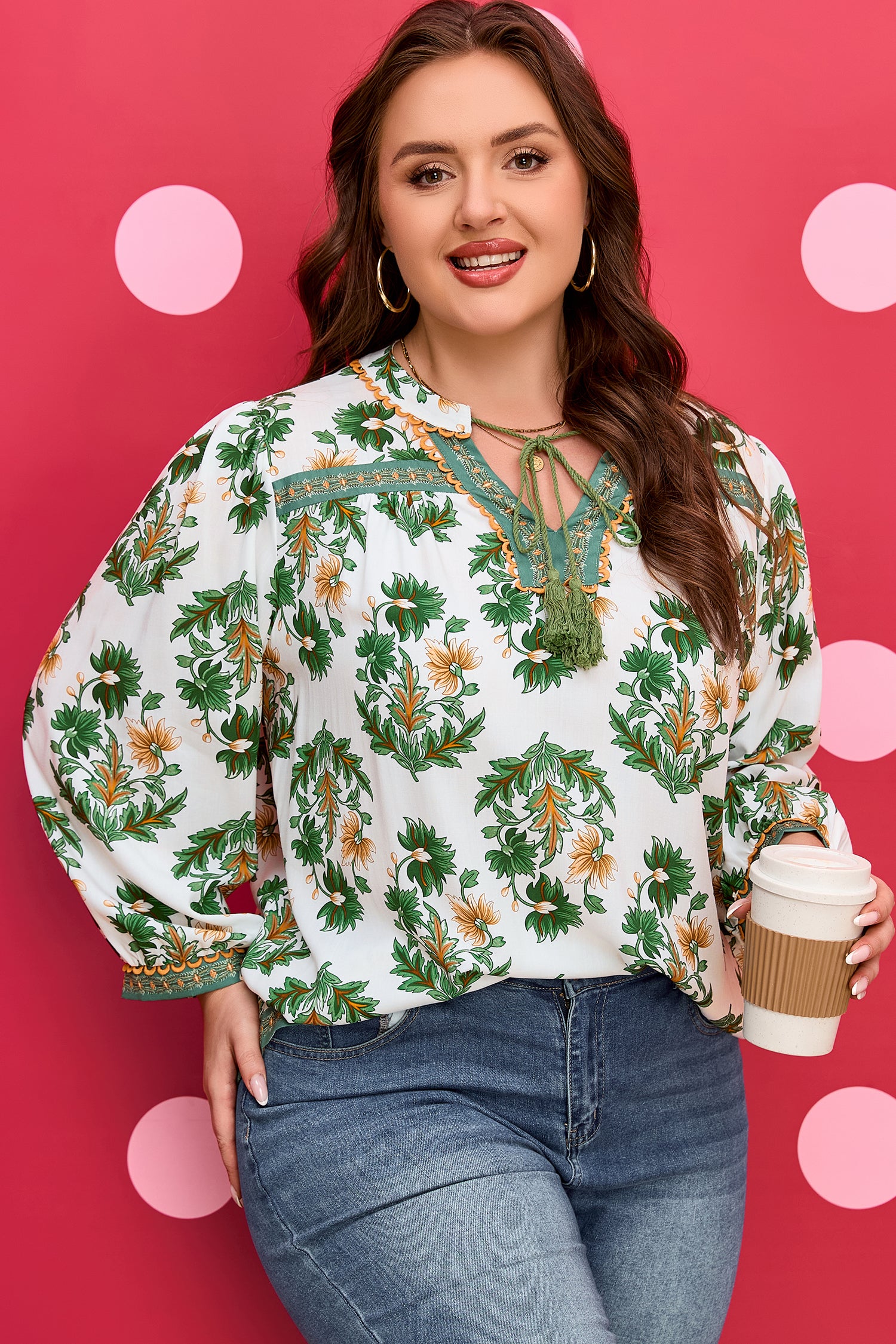 Green Plus Size Floral Printed Contrast Patchwork Detail Tassel Tie 3/4 Sleeve Blouse-Plus Size/Plus Size Tops/Plus Size Blouses & Shirts-[Adult]-[Female]-2022 Online Blue Zone Planet