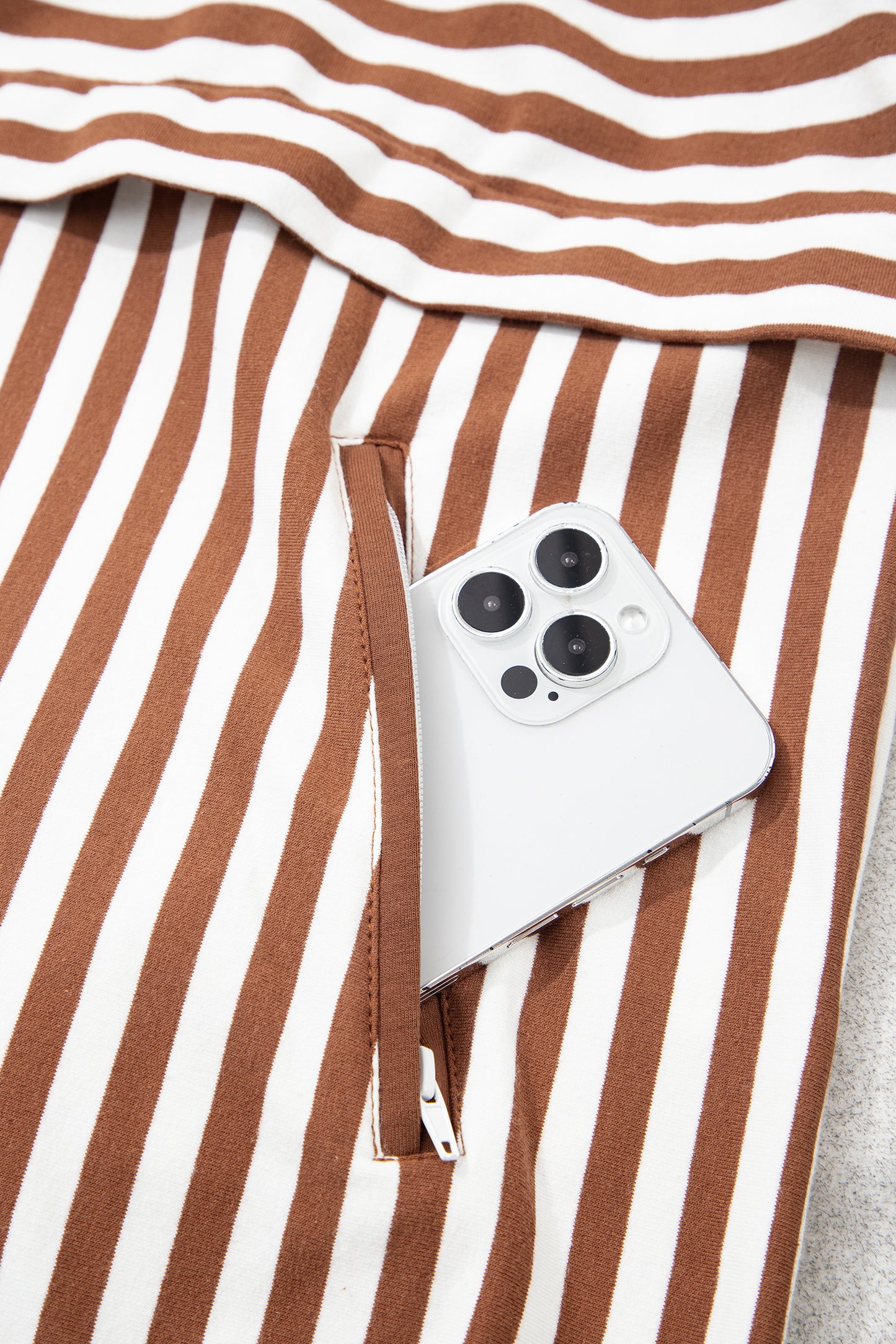 Brown Stripe Color Block Patchwork Quarter Zip Pullover Sporty Shorts Set-Two Piece Sets/Short Sets-[Adult]-[Female]-2022 Online Blue Zone Planet