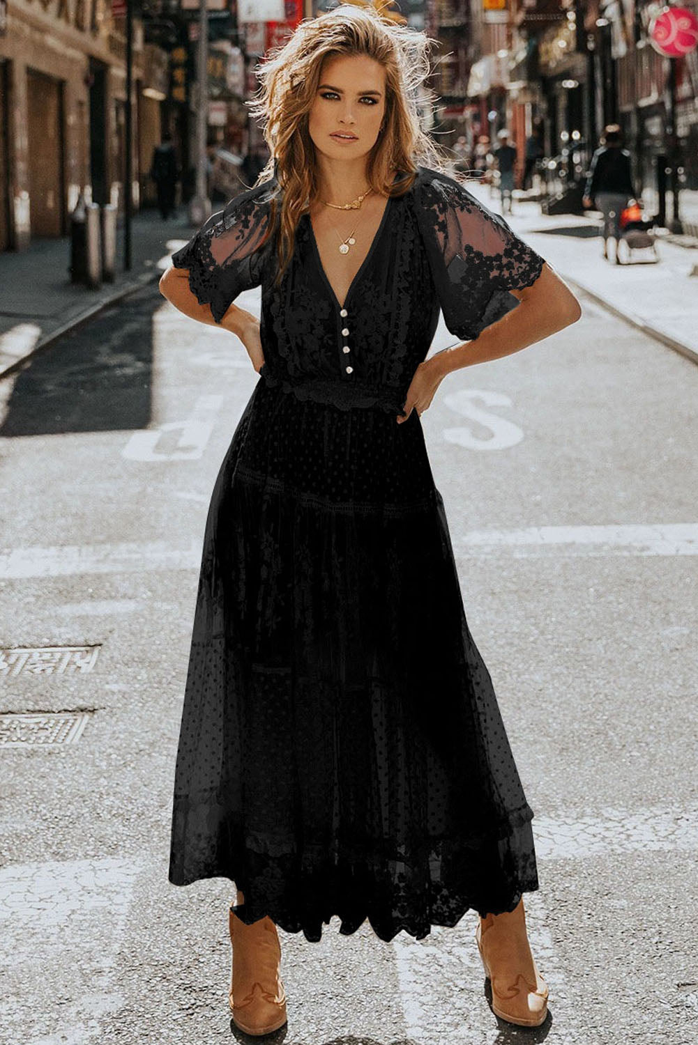 Black Dotty Lace Mesh Flowy Maxi Dress-Dresses/Maxi Dresses-[Adult]-[Female]-2022 Online Blue Zone Planet